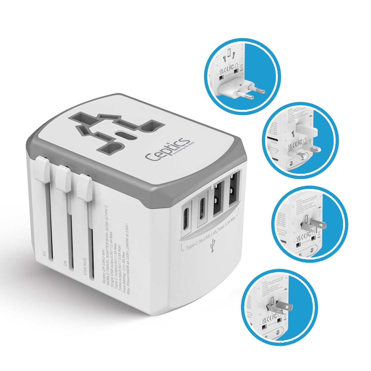 All-In-One International Travel Adapter - 5 in 1 - 2 USB-A & 2 USB-C - Max. 17.5W (3.5A) - White (UP-15KU-WH)