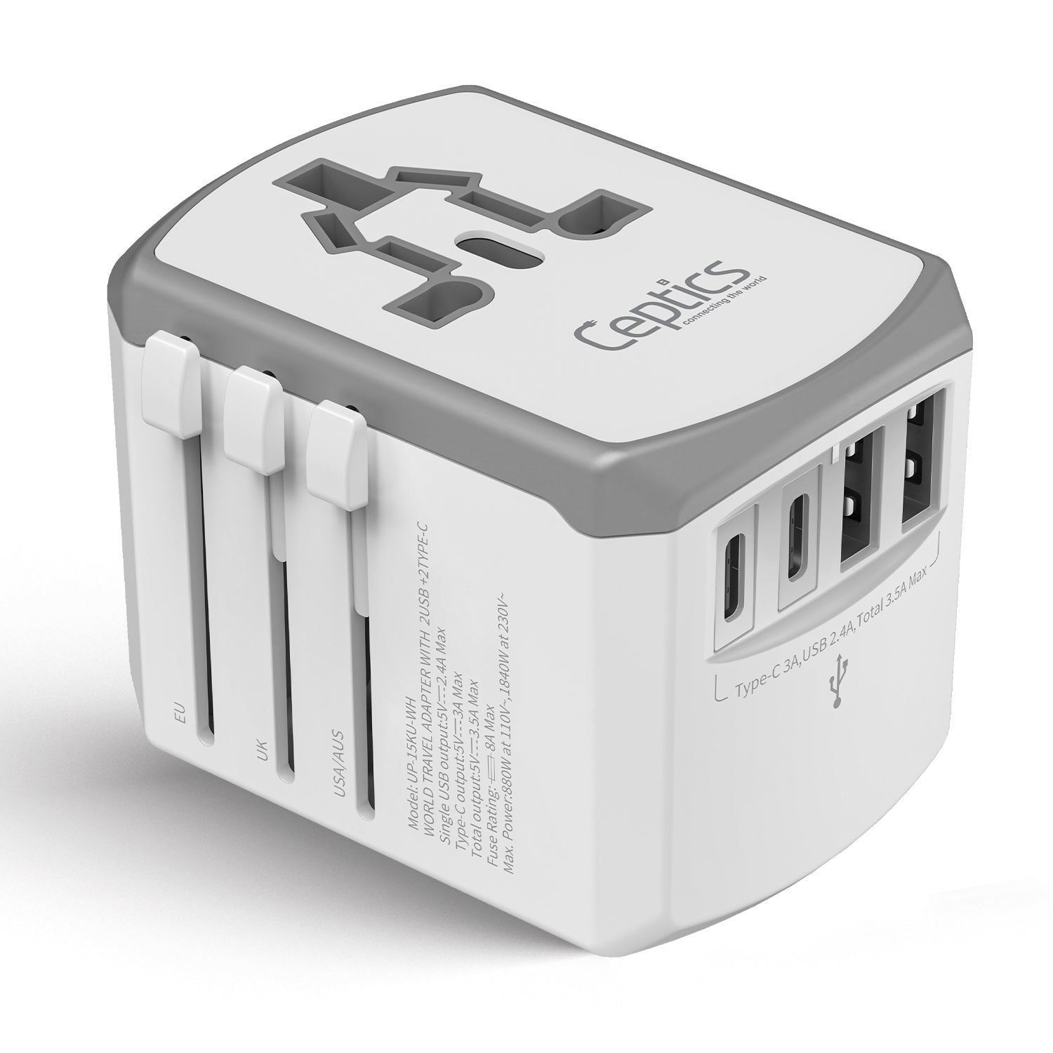 All-In-One International Travel Adapter - 5 in 1 - 2 USB-A & 2 USB-C - Max. 17.5W (3.5A) - White (UP-15KU-WH)