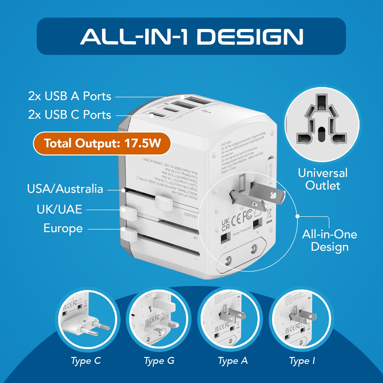 All-In-One International Travel Adapter - 5 in 1 - 2 USB-A & 2 USB-C - Max. 17.5W (3.5A) - White (UP-15KU-WH)