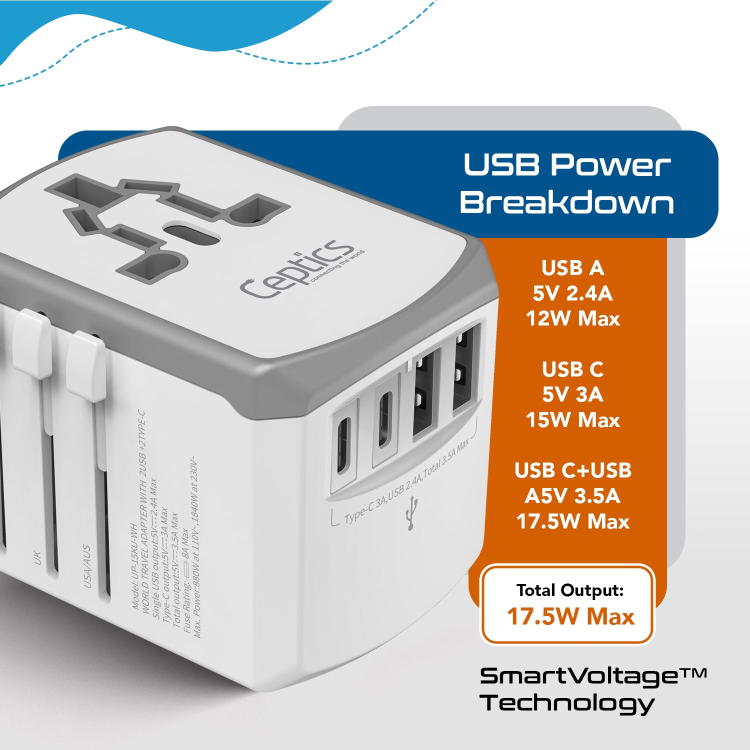 All-In-One International Travel Adapter - 5 in 1 - 2 USB-A & 2 USB-C - Max. 17.5W (3.5A) - White (UP-15KU-WH)