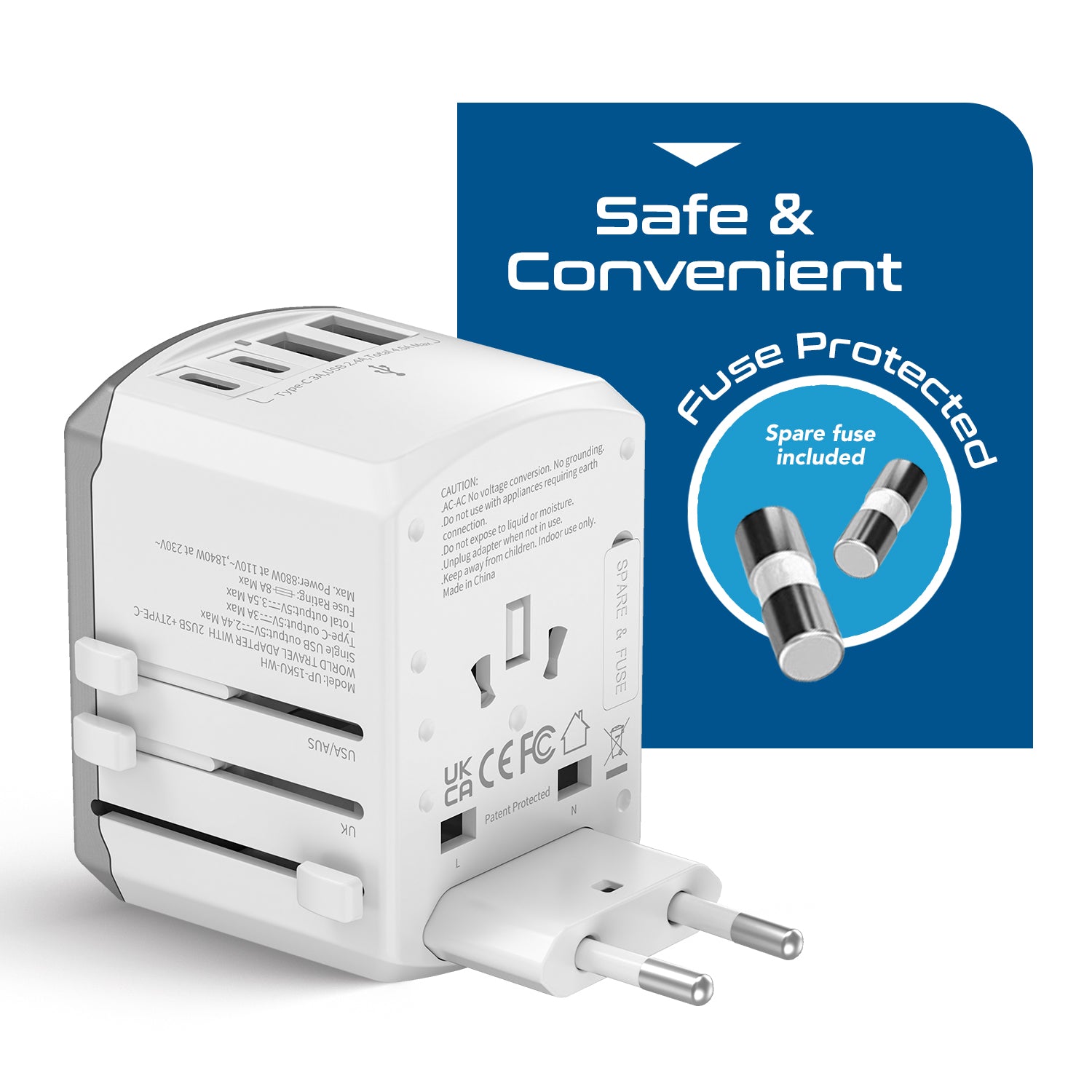 All-In-One International Travel Adapter - 5 in 1 - 2 USB-A & 2 USB-C - Max. 17.5W (3.5A) - White (UP-15KU-WH)