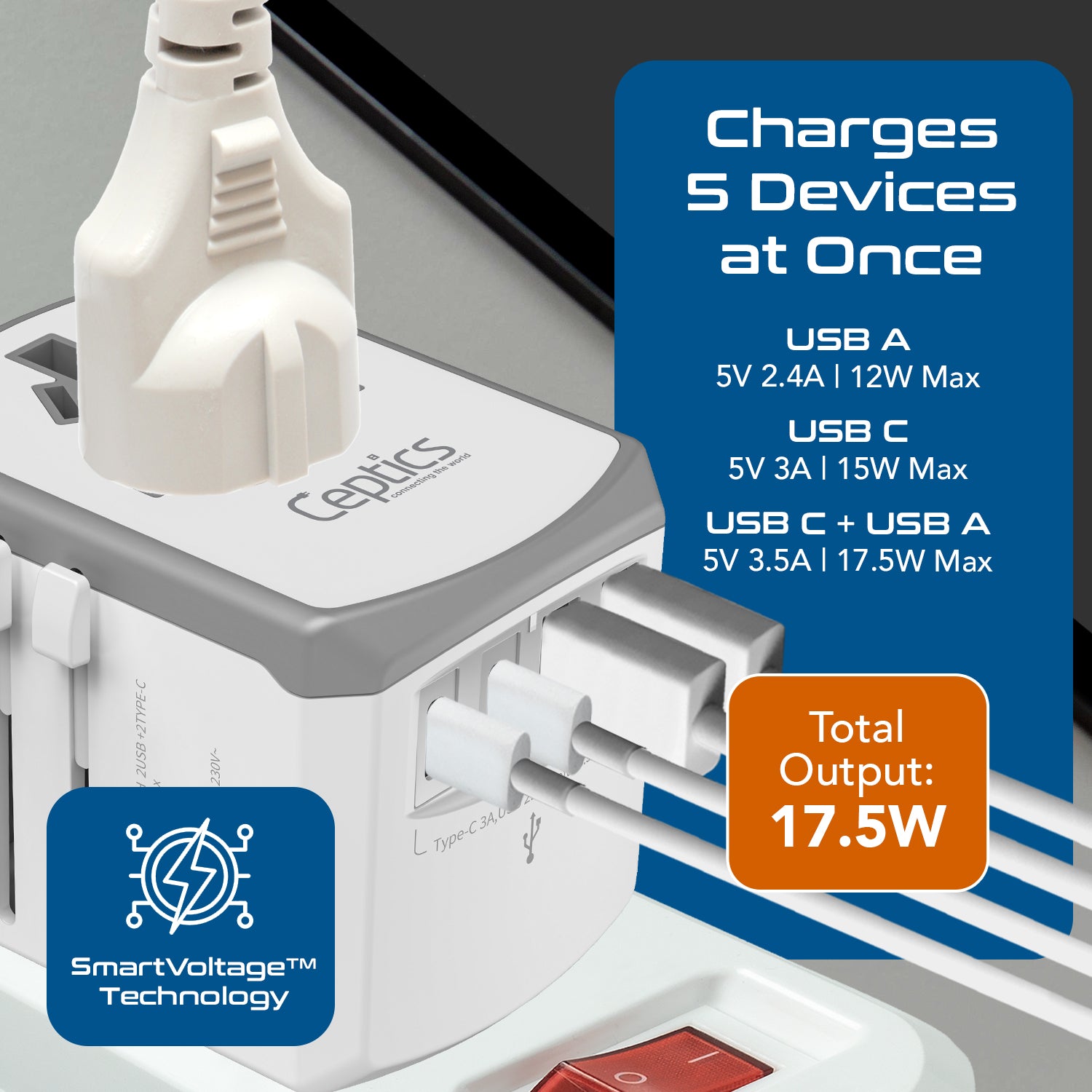 All-In-One International Travel Adapter - 5 in 1 - 2 USB-A & 2 USB-C - Max. 17.5W (3.5A) - White (UP-15KU-WH)