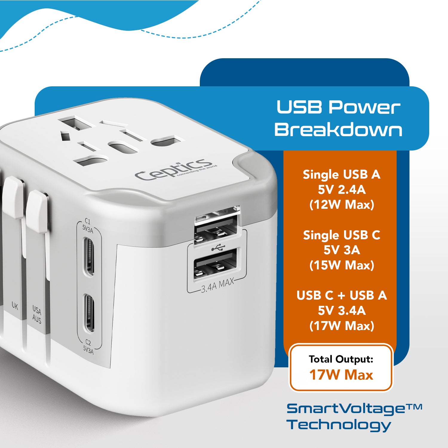 5 in 1 Universal Travel Adapter - 2 USB-A + USB-C - Max. 17W (3.4A) - White (UP-16KU-WH)