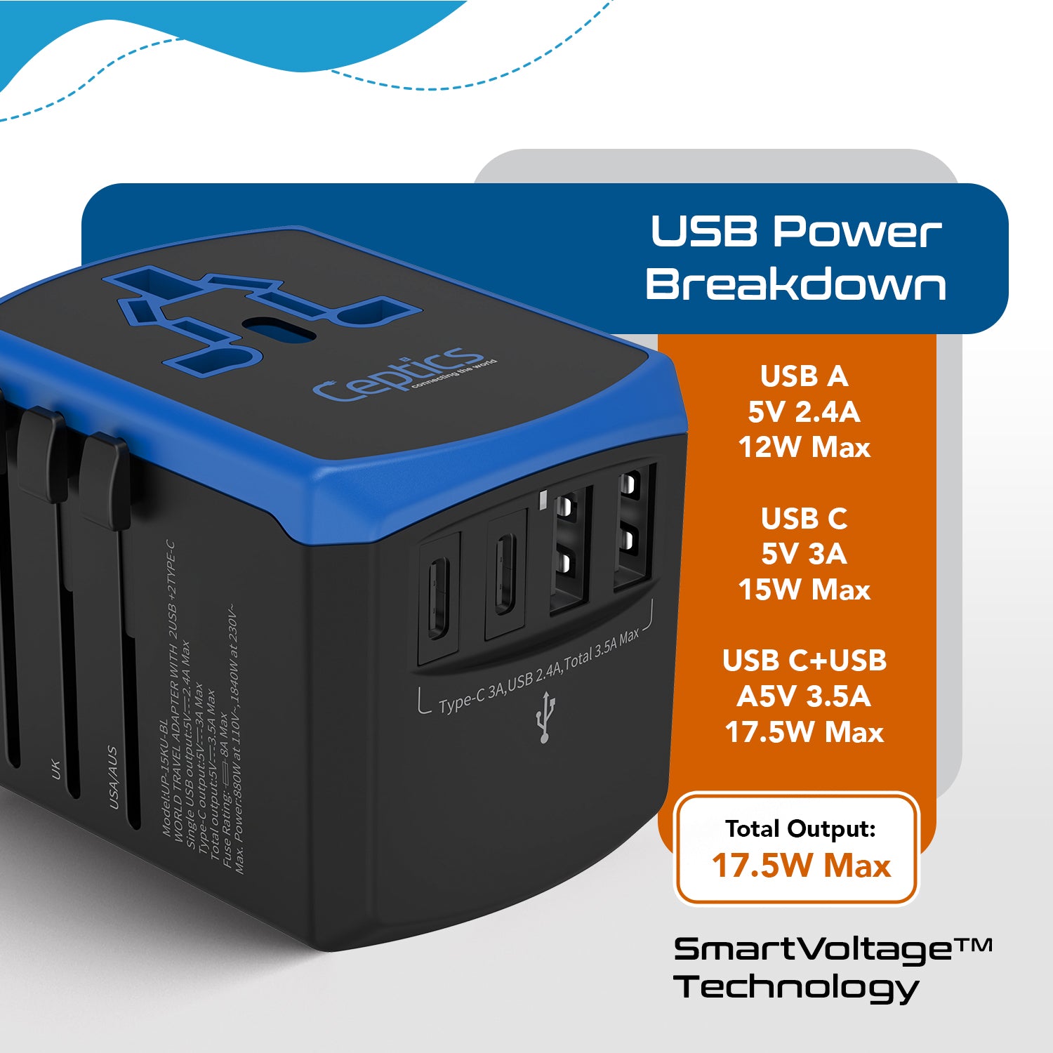 All-In-One International Travel Adapter - 5 in 1 - 2 USB-A & 2 USB-C - Max. 17.5W (3.5A) (UP-15KU-BL)