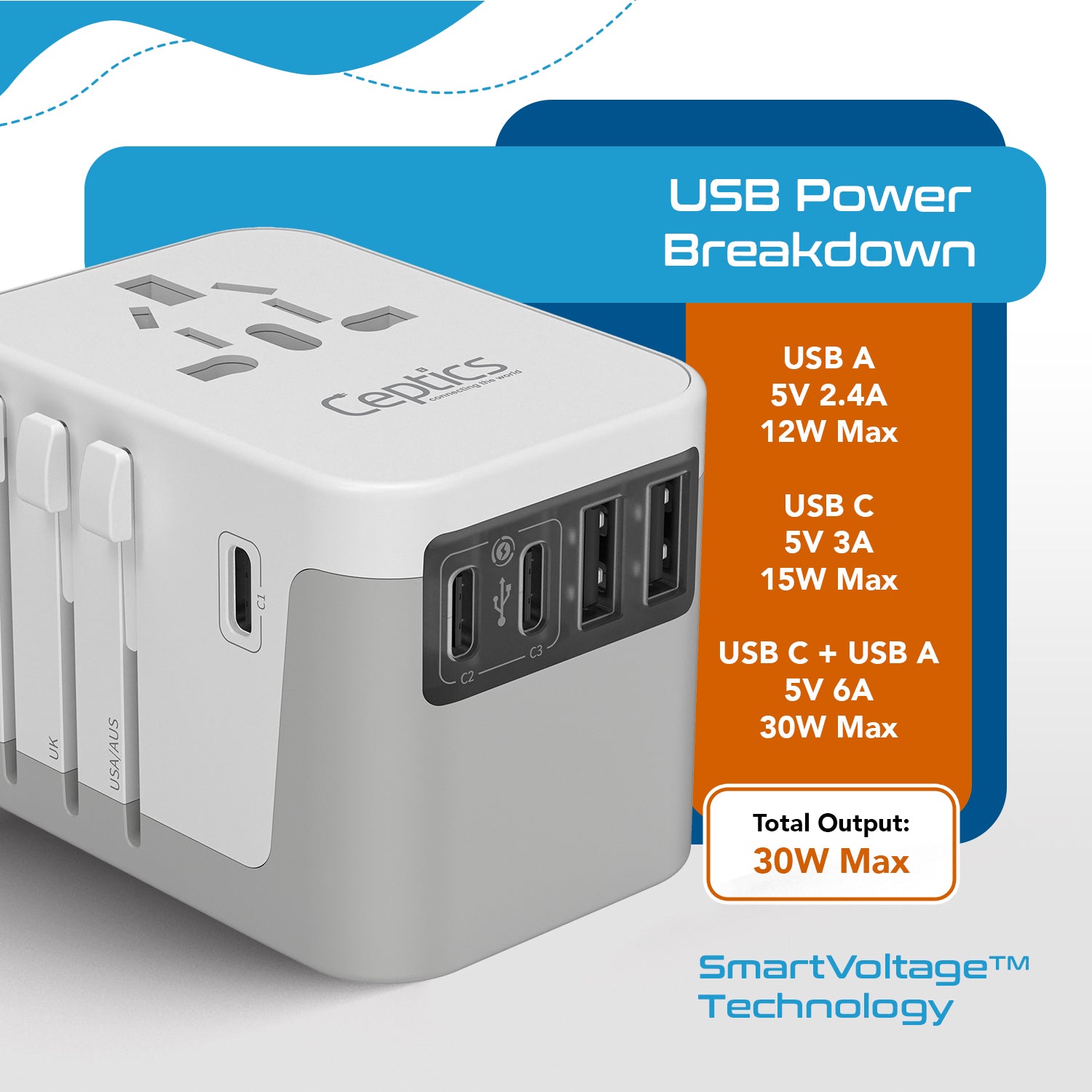30W 6 in 1 Universal Travel Adapter - 2 USB-A + 3 USB-C - Max. 30W (6A) - White (UP-30KU-WH)