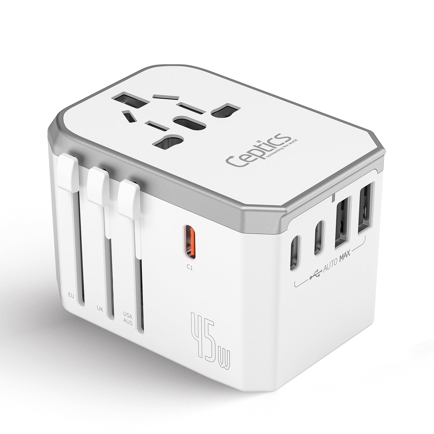 45W 6 in 1 Universal Travel Adapter - 2 USB-A + 3 USB-C - Max. 45W (9A) - White (UP-45KU-WH)