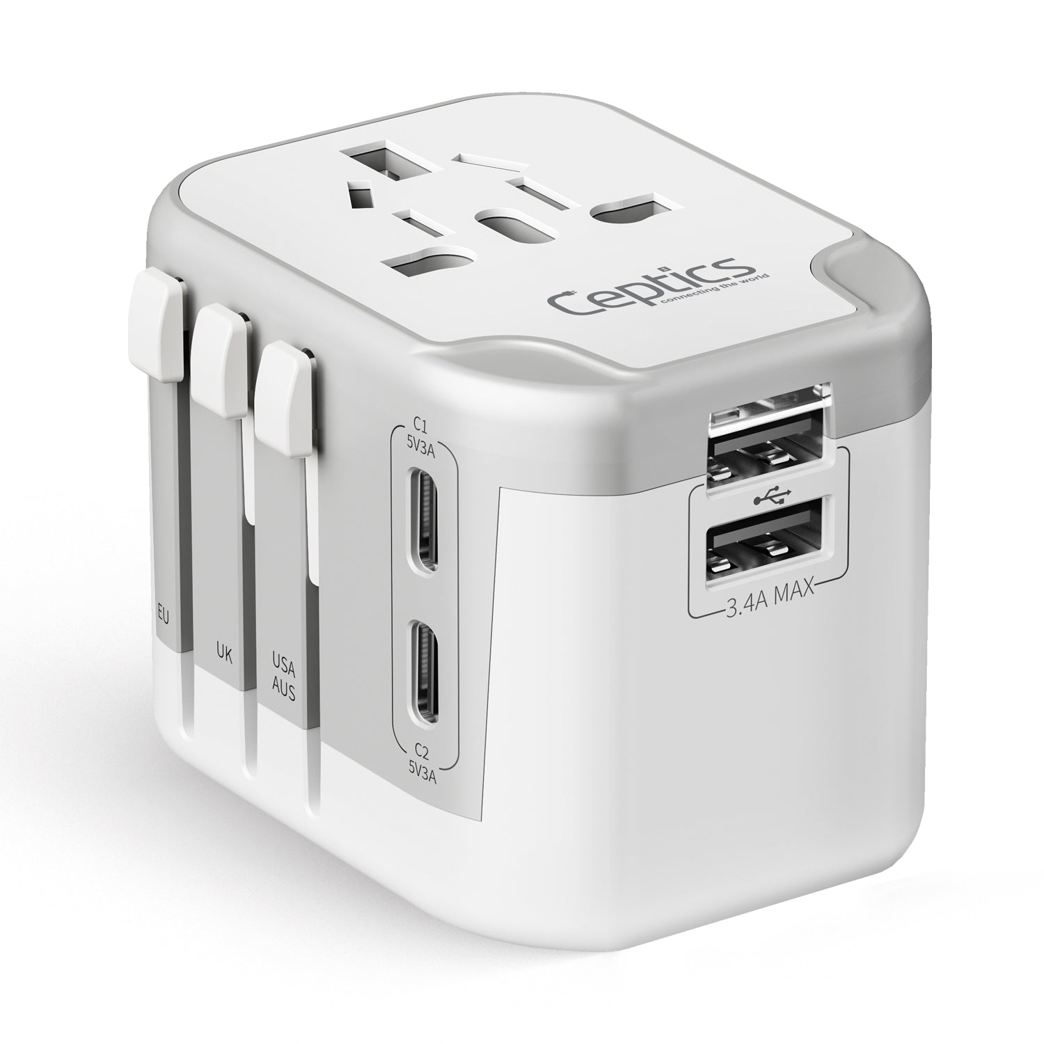 5 in 1 Universal Travel Adapter - 2 USB-A + USB-C - Max. 17W (3.4A) - White (UP-16KU-WH)