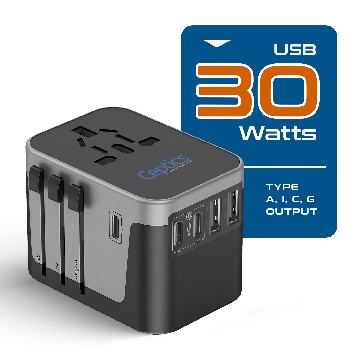 30W 6 in 1 Universal Travel Adapter - 2 USB-A + 3 USB-C - Max. 30W (6A) (UP-30KU-BL)