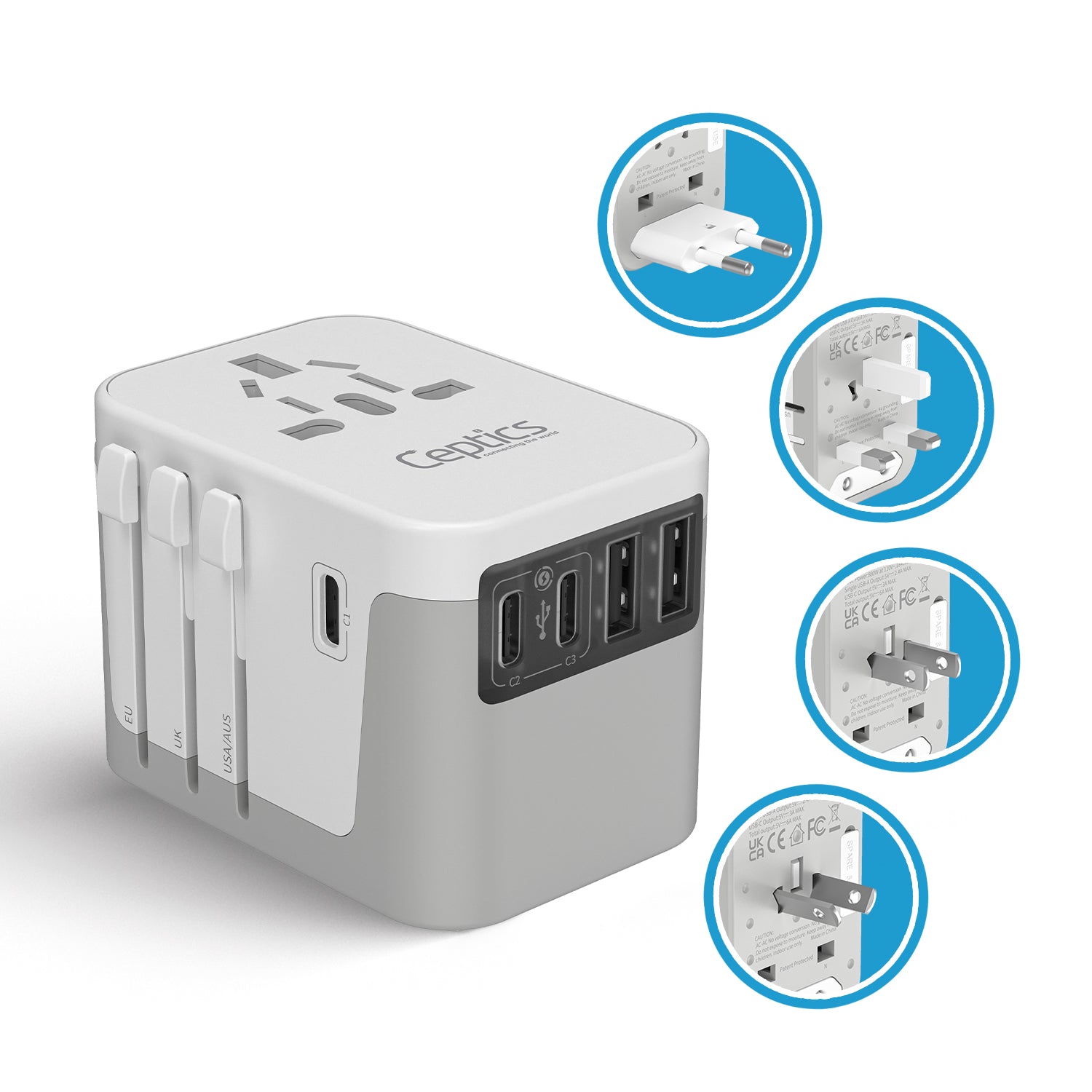30W 6 in 1 Universal Travel Adapter - 2 USB-A + 3 USB-C - Max. 30W (6A) - White (UP-30KU-WH)