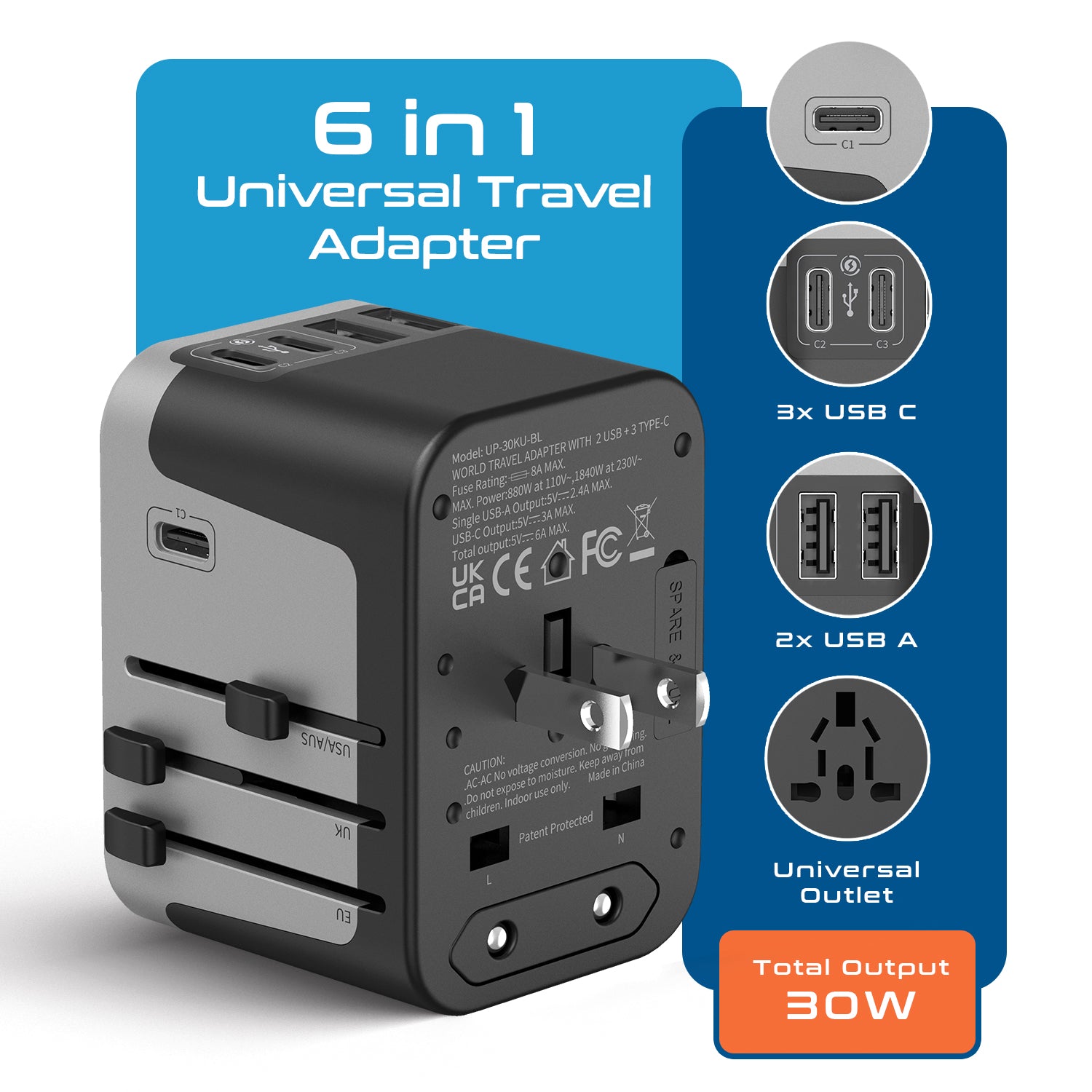 30W 6 in 1 Universal Travel Adapter - 2 USB-A + 3 USB-C - Max. 30W (6A) (UP-30KU-BL)