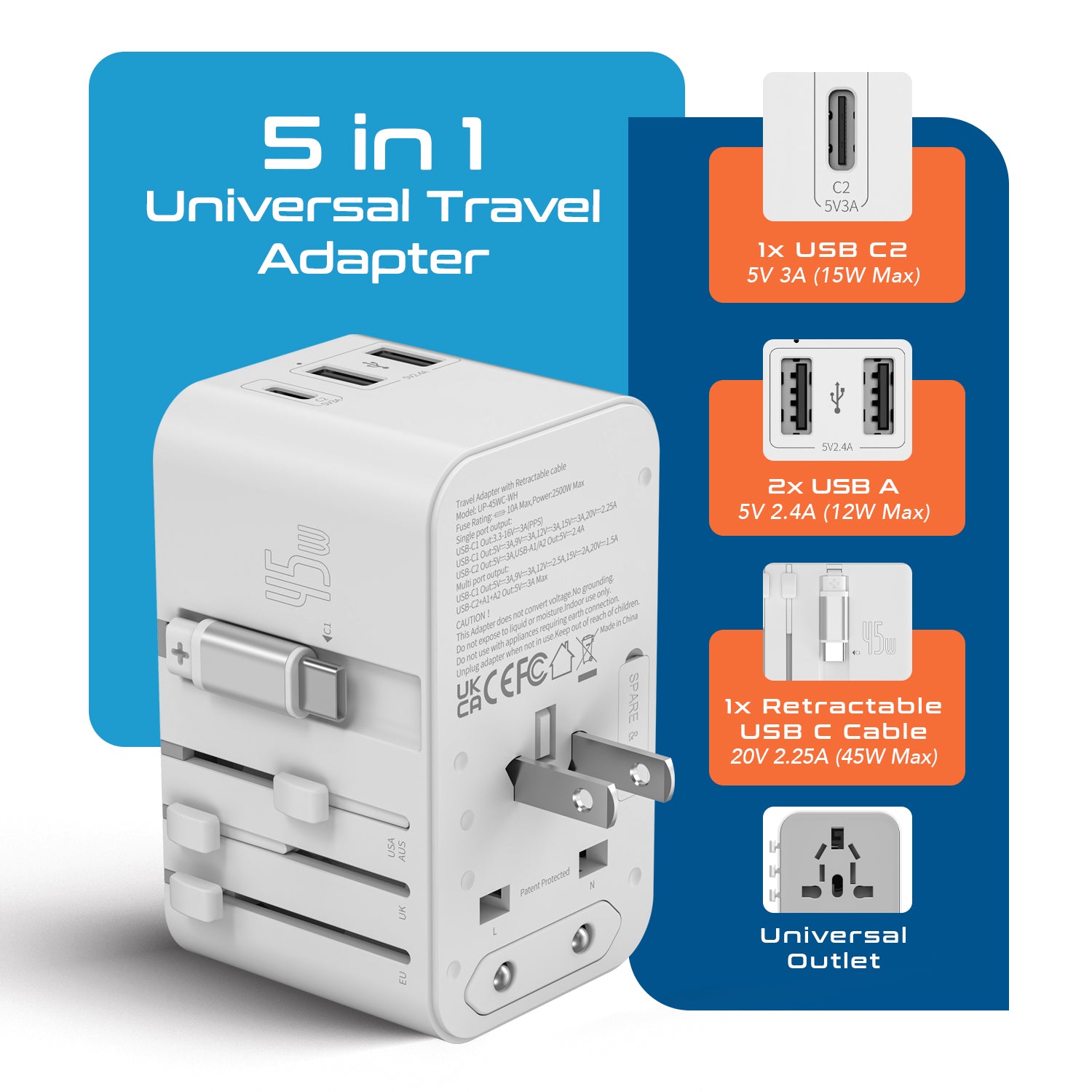 45W 5 in 1 Universal Travel Adapter - 2 USB-A + 1 retractable USB-C cable (PD 45W), & 1 USB-C - Max. 45W (9A) - White (UP-45WC-WH)