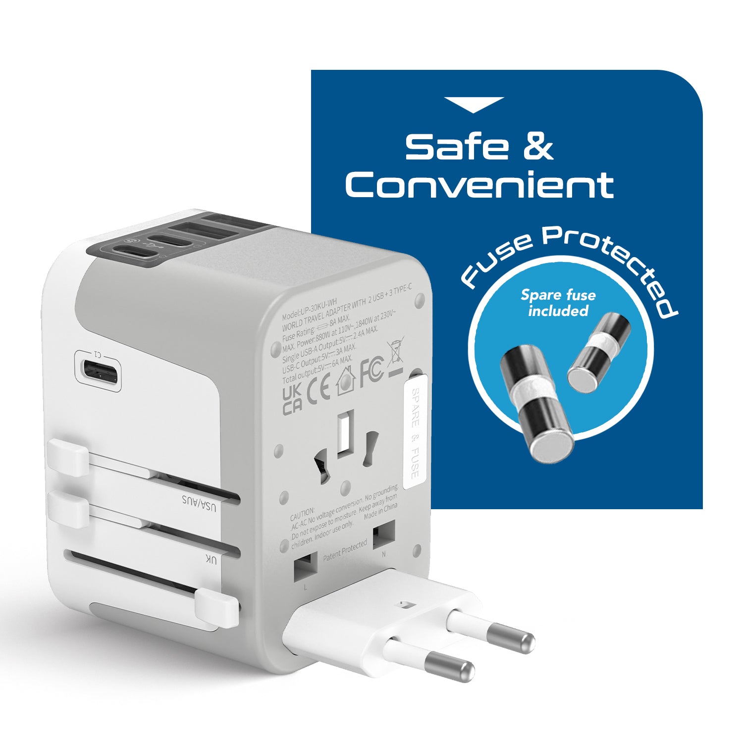 30W 6 in 1 Universal Travel Adapter - 2 USB-A + 3 USB-C - Max. 30W (6A) - White (UP-30KU-WH)