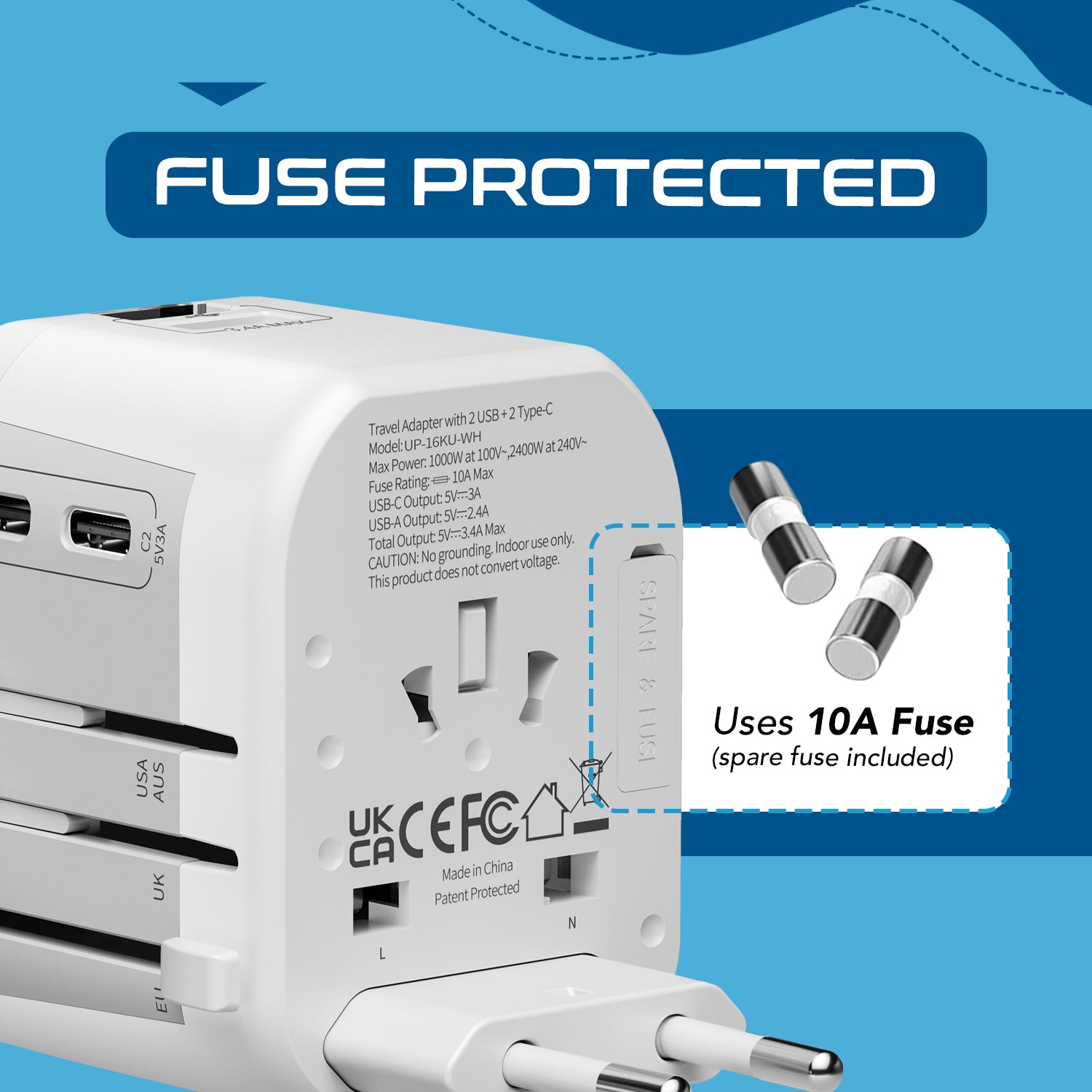 5 in 1 Universal Travel Adapter - 2 USB-A + USB-C - Max. 17W (3.4A) - White (UP-16KU-WH)