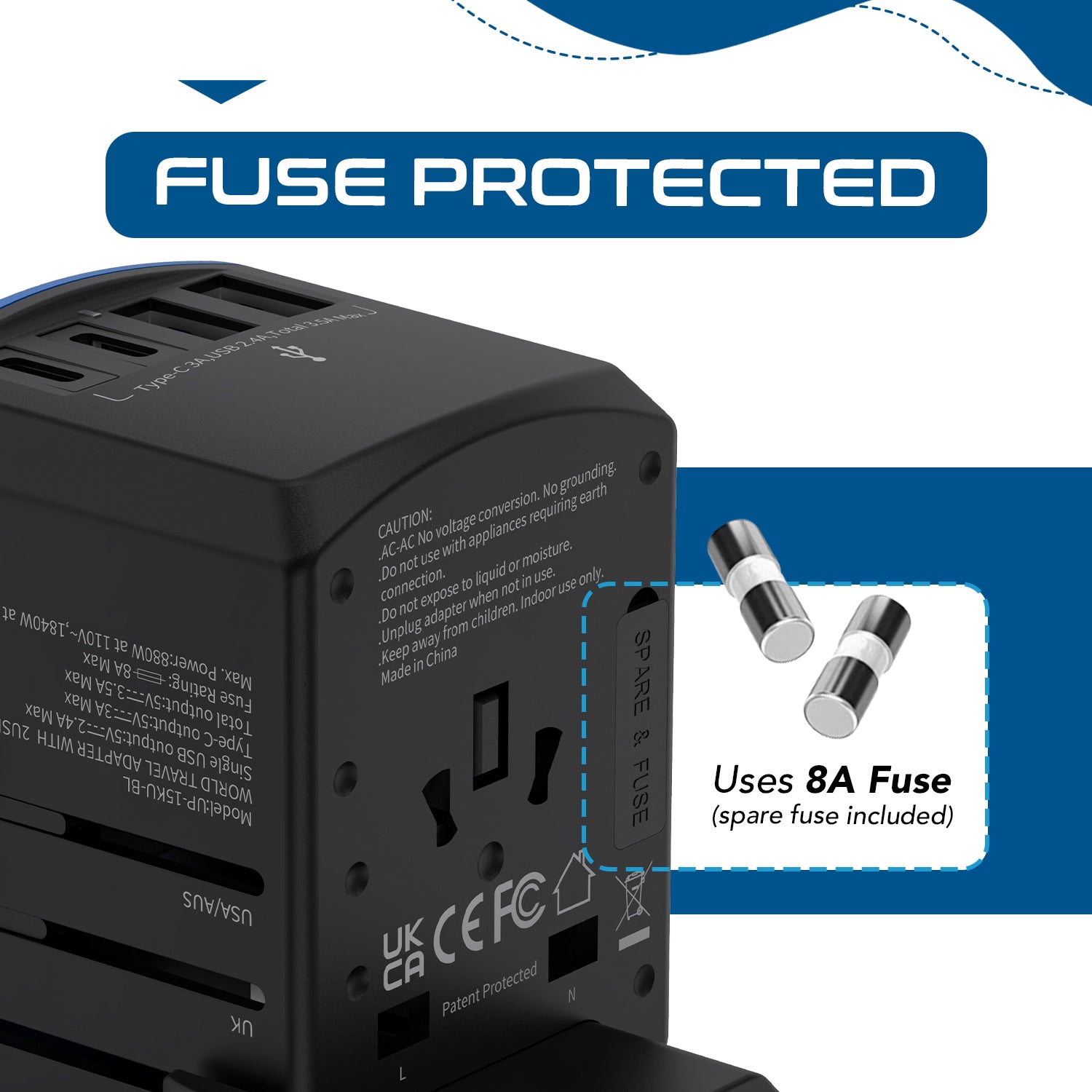 All-In-One International Travel Adapter - 5 in 1 - 2 USB-A & 2 USB-C - Max. 17.5W (3.5A) (UP-15KU-BL)