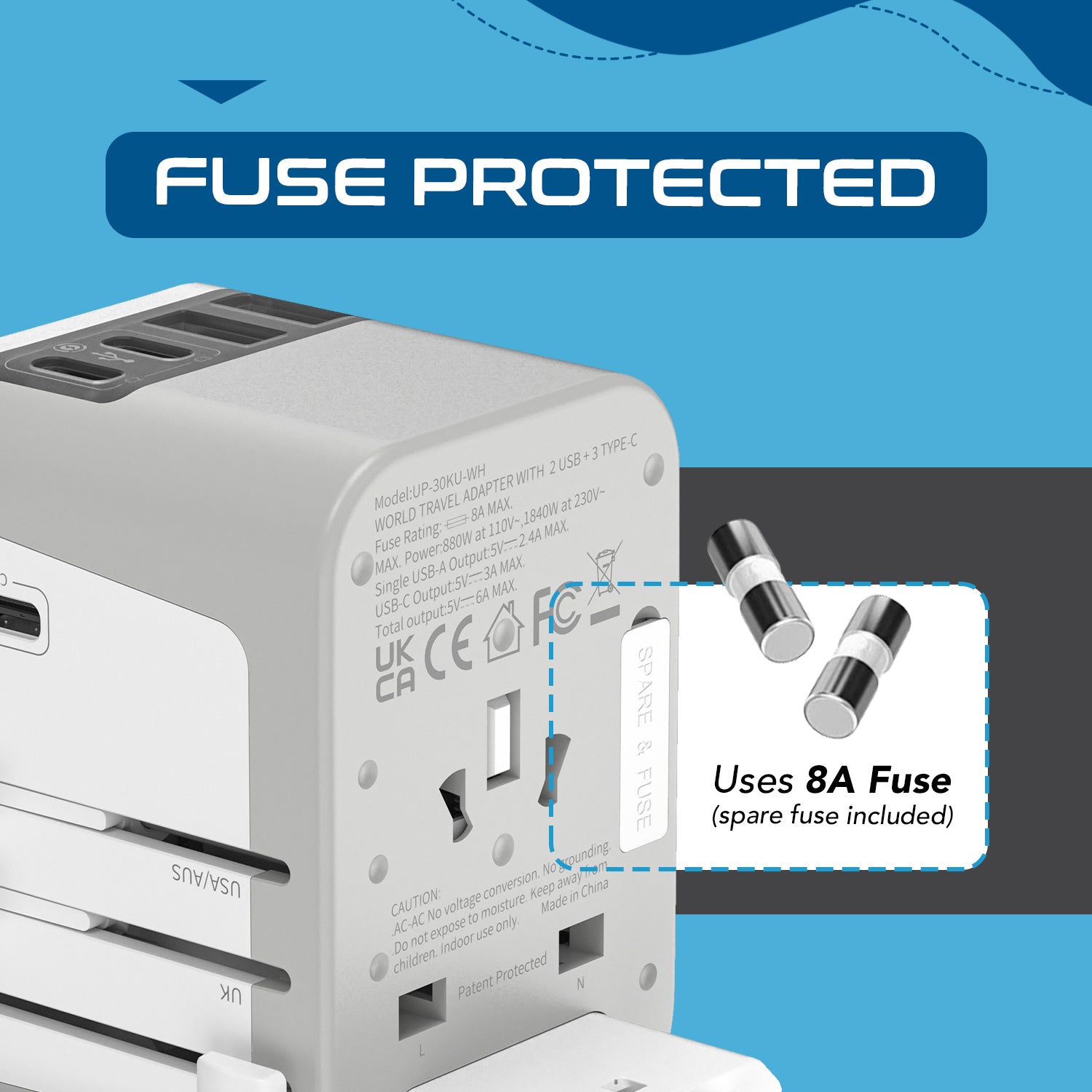 30W 6 in 1 Universal Travel Adapter - 2 USB-A + 3 USB-C - Max. 30W (6A) - White (UP-30KU-WH)