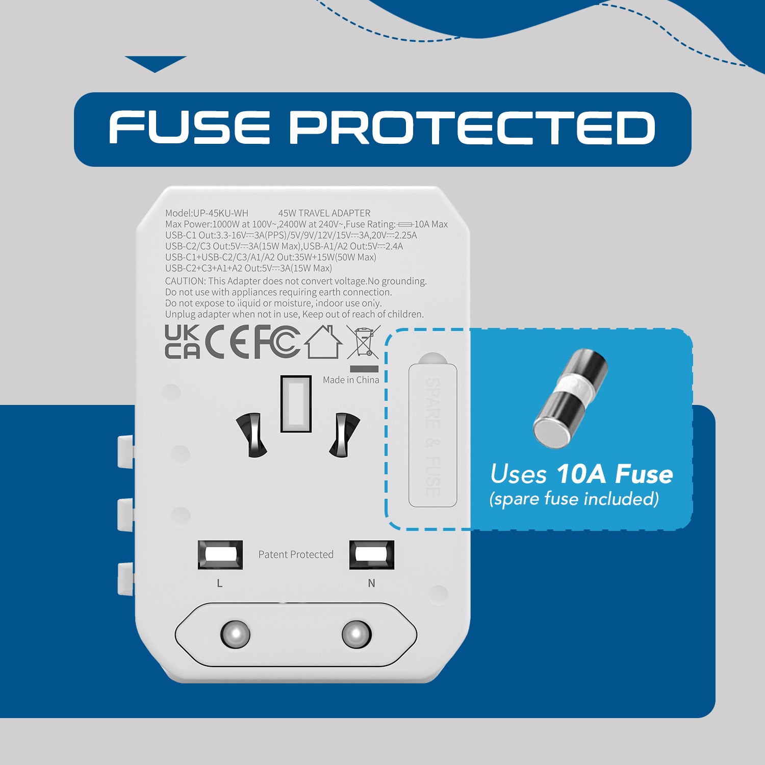 45W 6 in 1 Universal Travel Adapter - 2 USB-A + 3 USB-C - Max. 45W (9A) - White (UP-45KU-WH)
