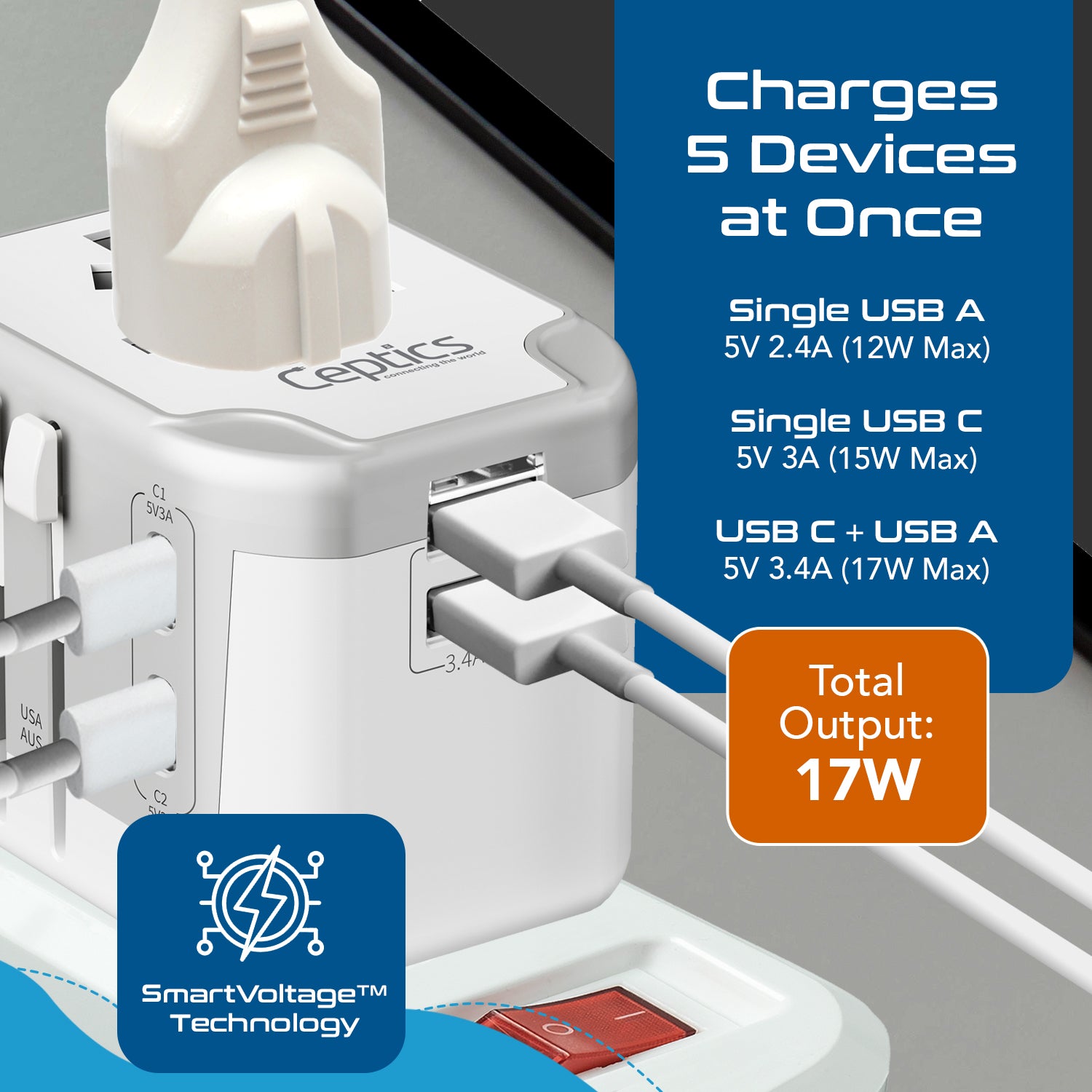 5 in 1 Universal Travel Adapter - 2 USB-A + USB-C - Max. 17W (3.4A) - White (UP-16KU-WH)