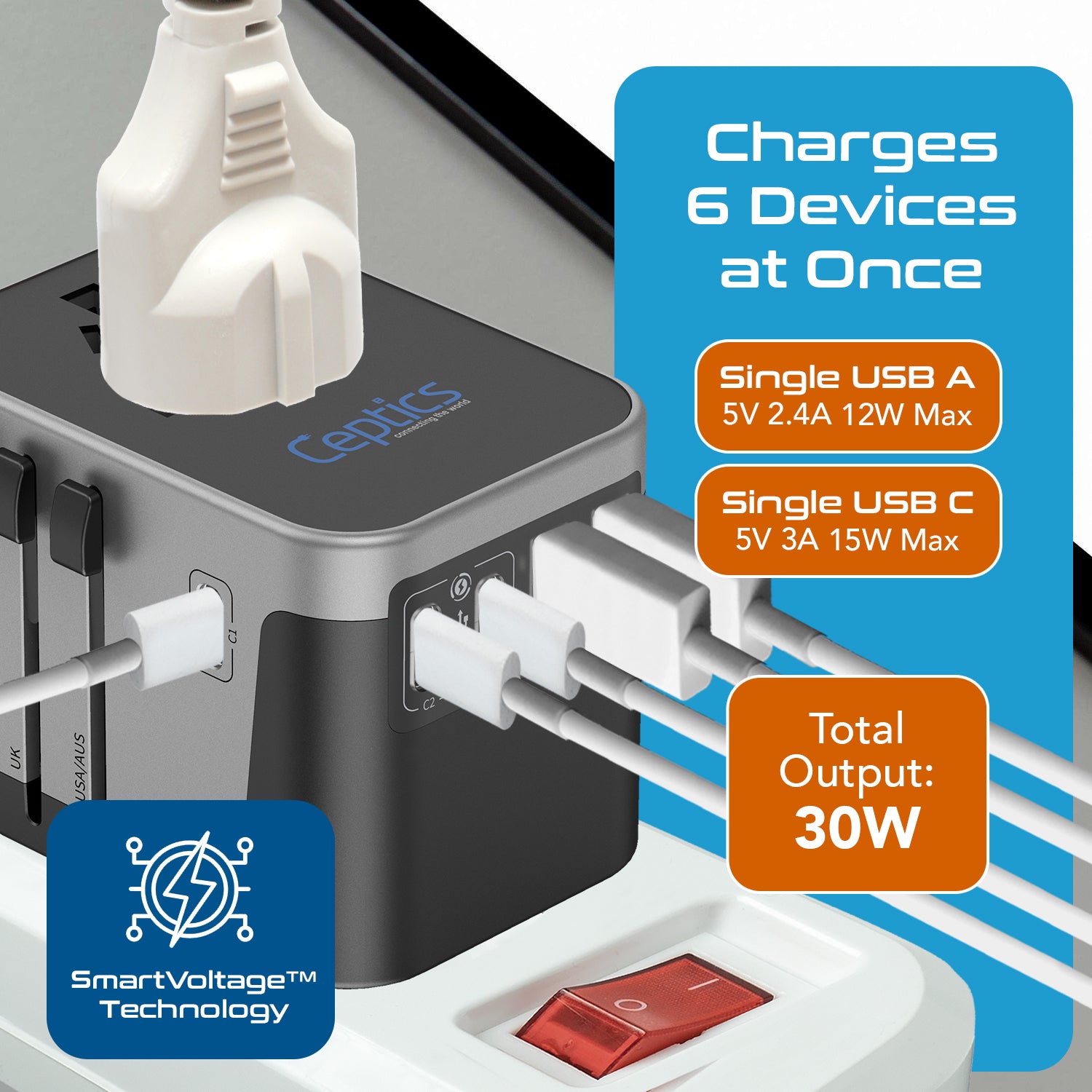 30W 6 in 1 Universal Travel Adapter - 2 USB-A + 3 USB-C - Max. 30W (6A) (UP-30KU-BL)
