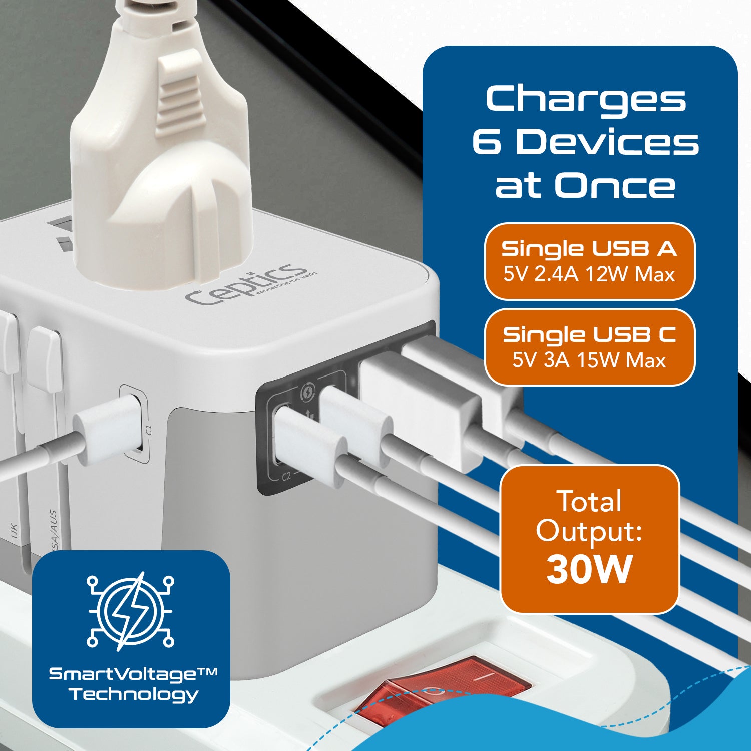 30W 6 in 1 Universal Travel Adapter - 2 USB-A + 3 USB-C - Max. 30W (6A) - White (UP-30KU-WH)