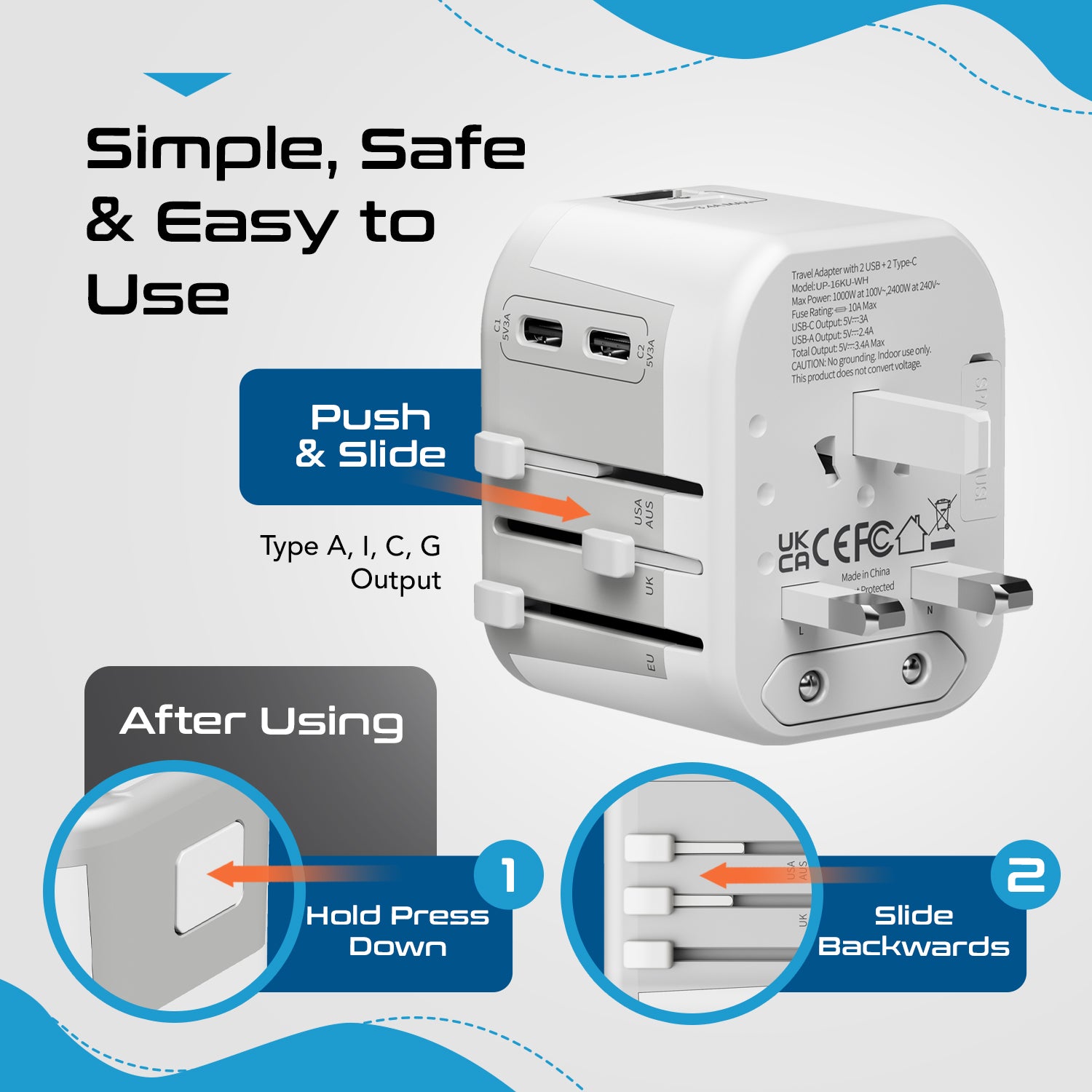 5 in 1 Universal Travel Adapter - 2 USB-A + USB-C - Max. 17W (3.4A) - White (UP-16KU-WH)