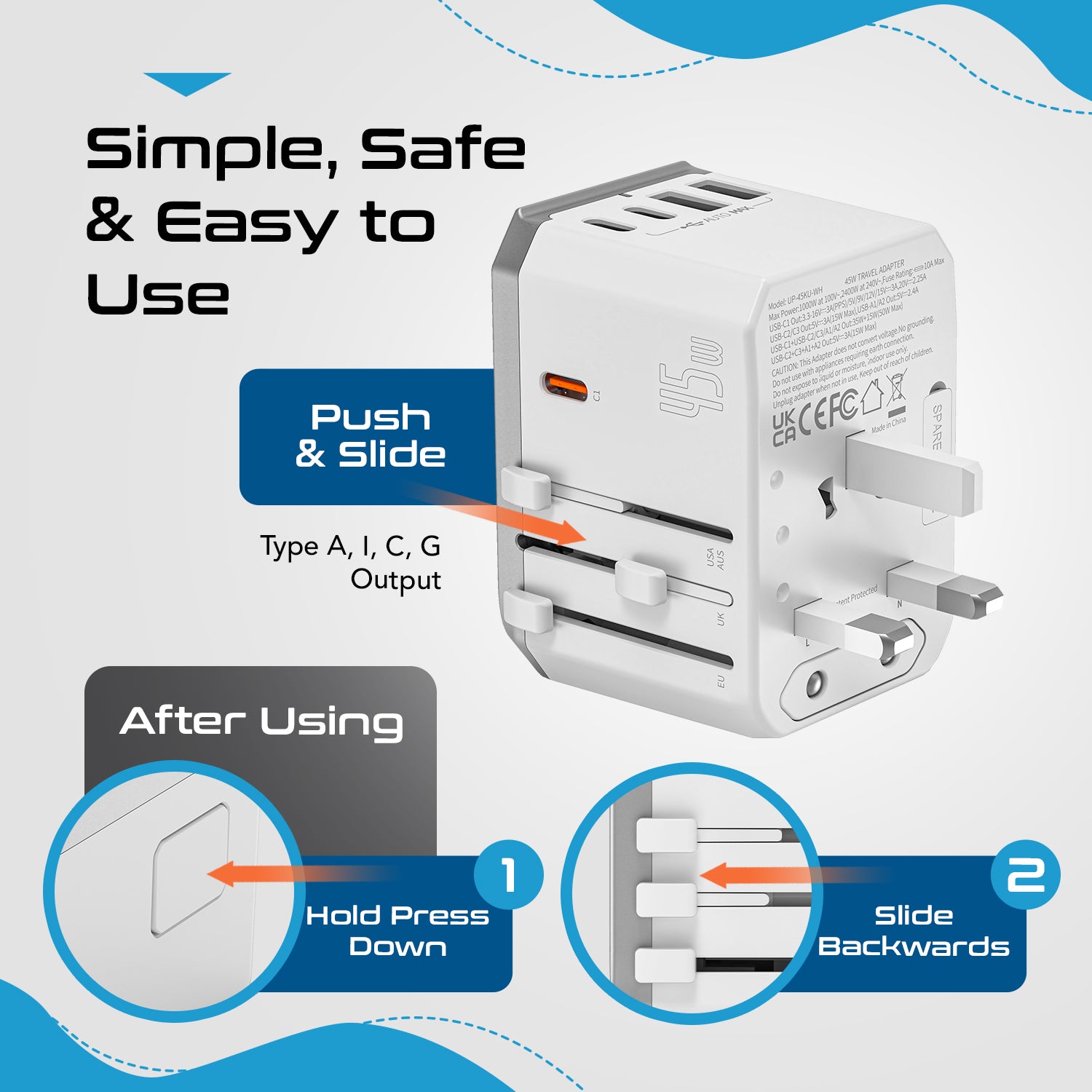 45W 6 in 1 Universal Travel Adapter - 2 USB-A + 3 USB-C - Max. 45W (9A) - White (UP-45KU-WH)