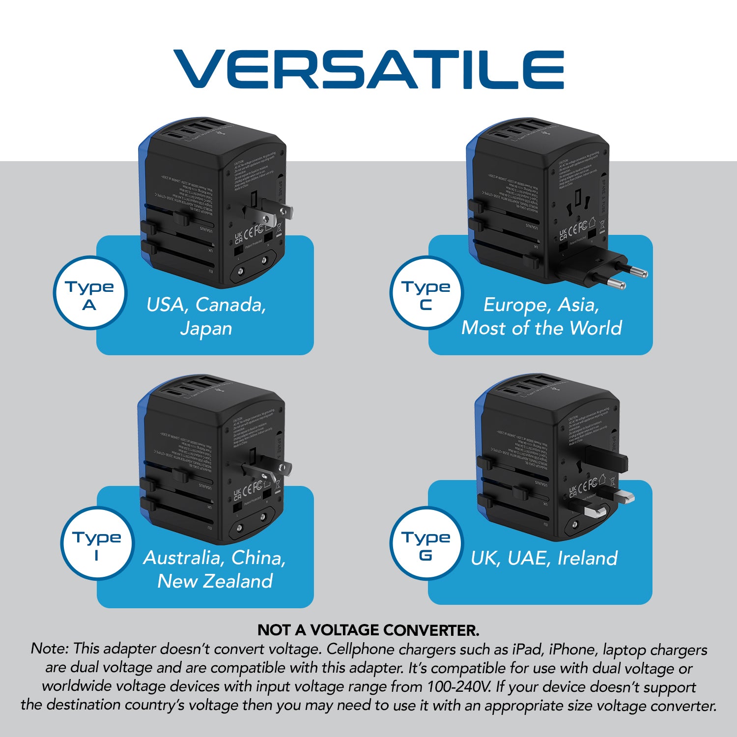 All-In-One International Travel Adapter - 5 in 1 - 2 USB-A & 2 USB-C - Max. 17.5W (3.5A) (UP-15KU-BL)