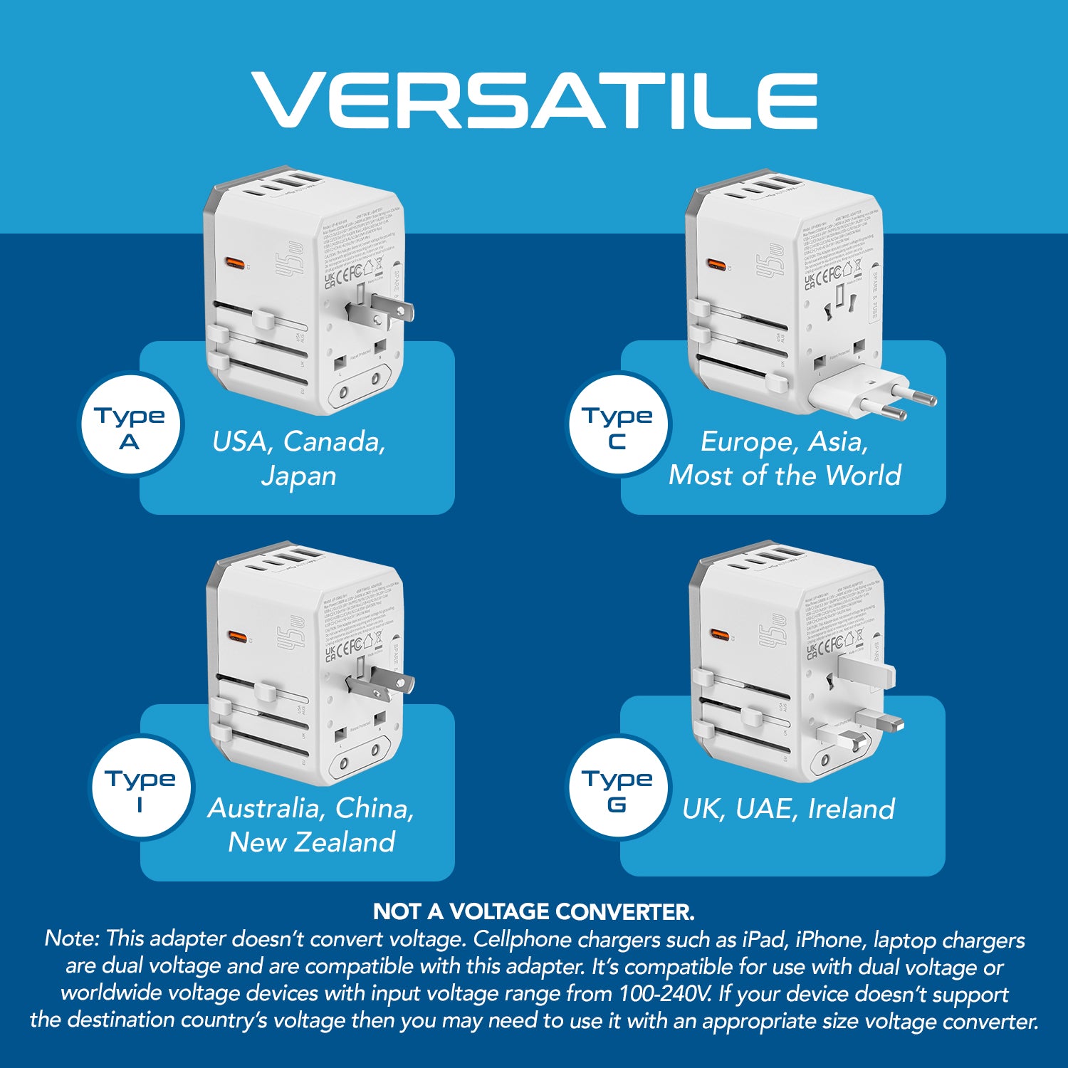 45W 6 in 1 Universal Travel Adapter - 2 USB-A + 3 USB-C - Max. 45W (9A) - White (UP-45KU-WH)