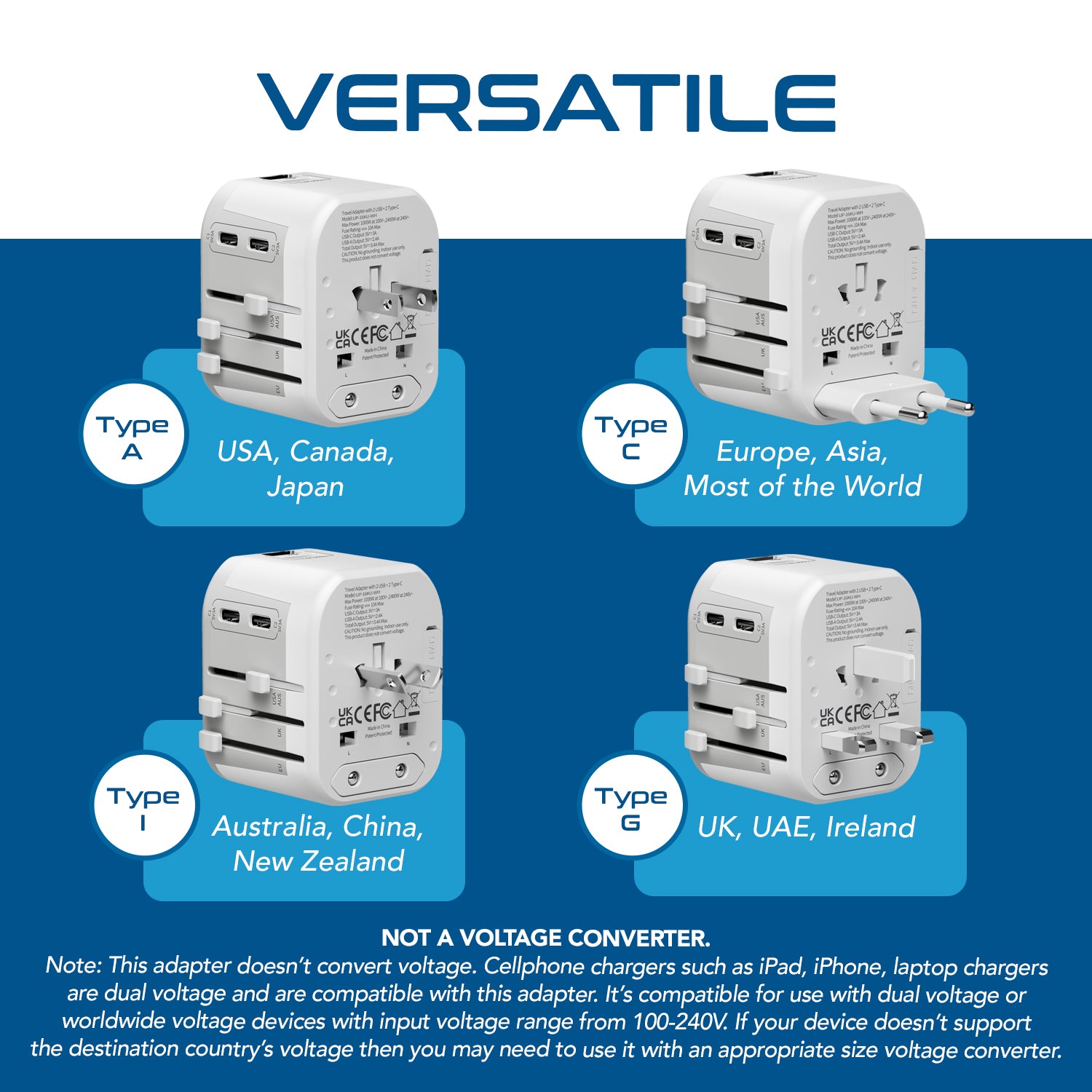 5 in 1 Universal Travel Adapter - 2 USB-A + USB-C - Max. 17W (3.4A) - White (UP-16KU-WH)