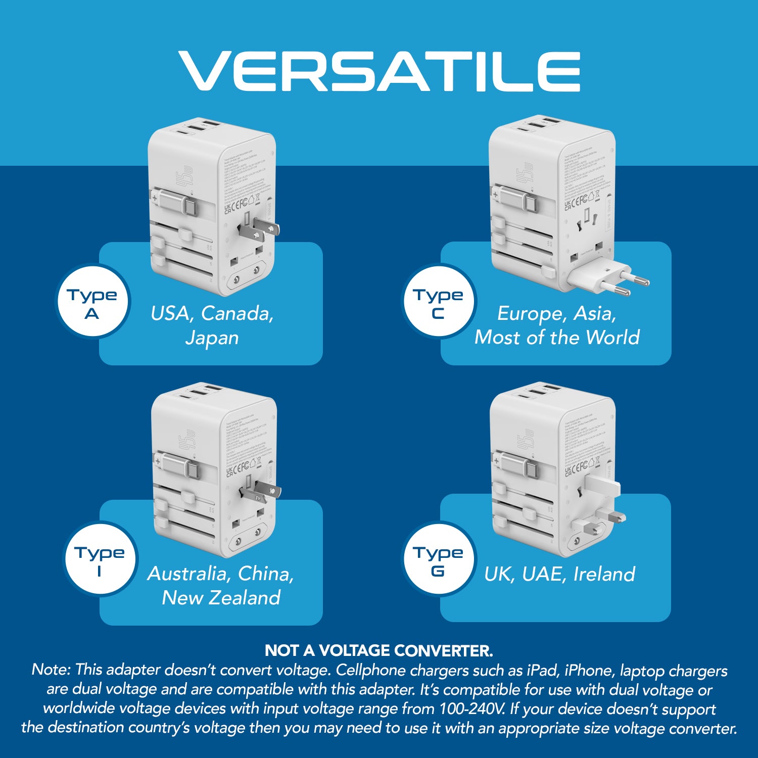 45W 5 in 1 Universal Travel Adapter - 2 USB-A + 1 retractable USB-C cable (PD 45W), & 1 USB-C - Max. 45W (9A) - White (UP-45WC-WH)