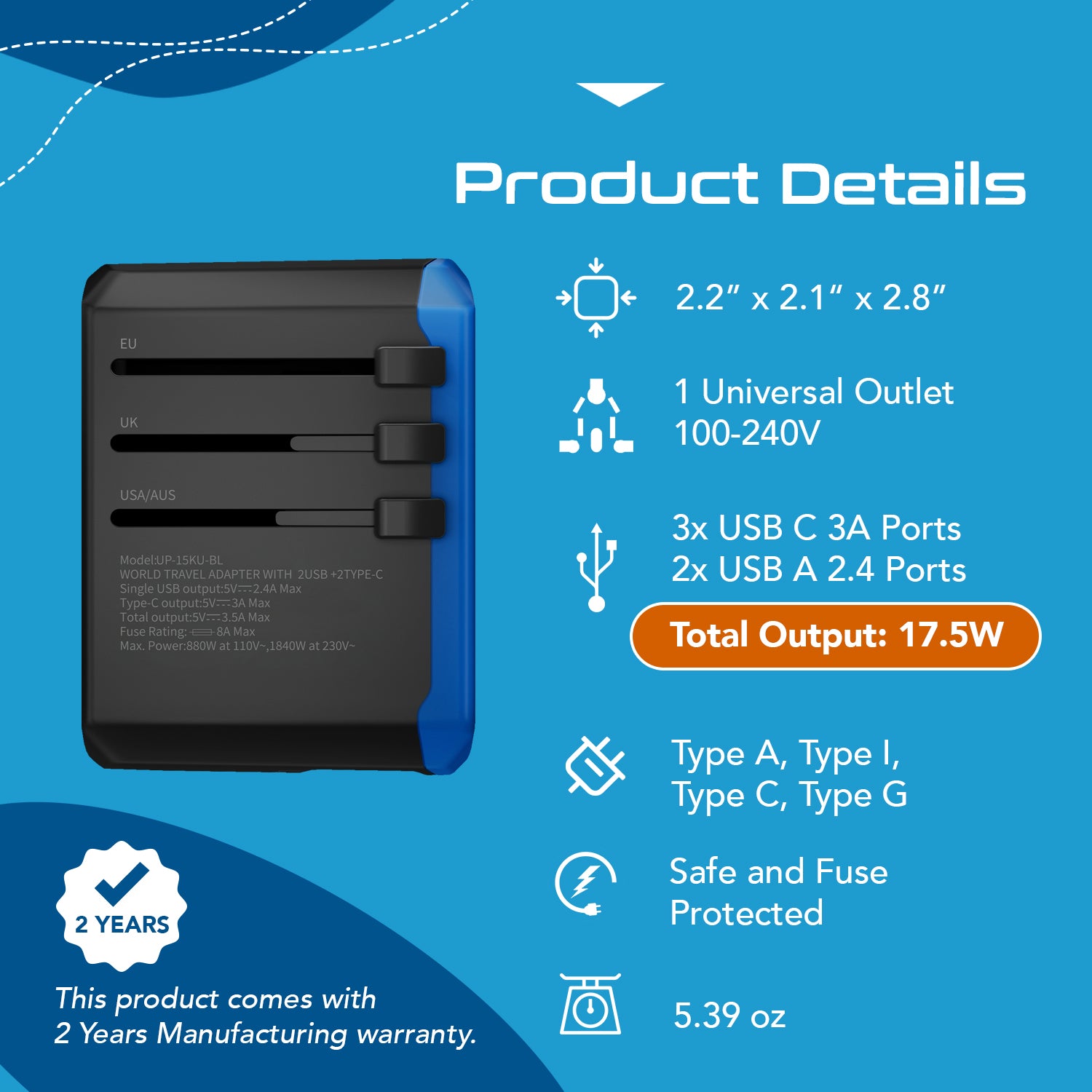 All-In-One International Travel Adapter - 5 in 1 - 2 USB-A & 2 USB-C - Max. 17.5W (3.5A) (UP-15KU-BL)