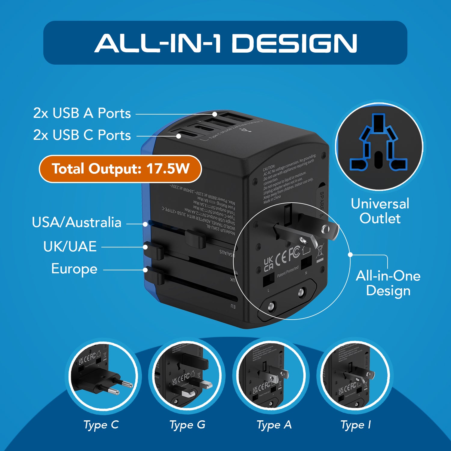 All-In-One International Travel Adapter - 5 in 1 - 2 USB-A & 2 USB-C - Max. 17.5W (3.5A) (UP-15KU-BL)