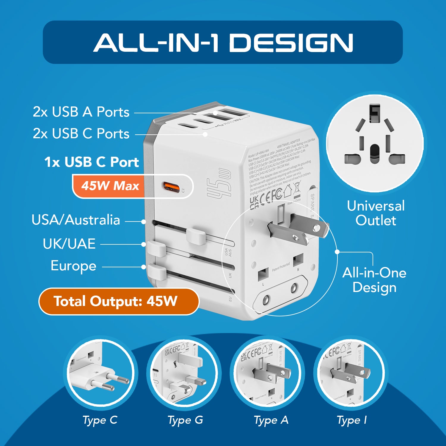 45W 6 in 1 Universal Travel Adapter - 2 USB-A + 3 USB-C - Max. 45W (9A) - White (UP-45KU-WH)
