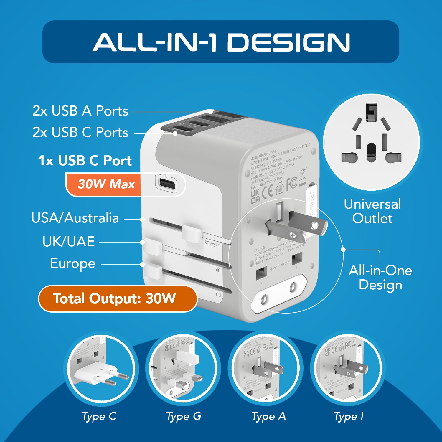 30W 6 in 1 Universal Travel Adapter - 2 USB-A + 3 USB-C - Max. 30W (6A) - White (UP-30KU-WH)