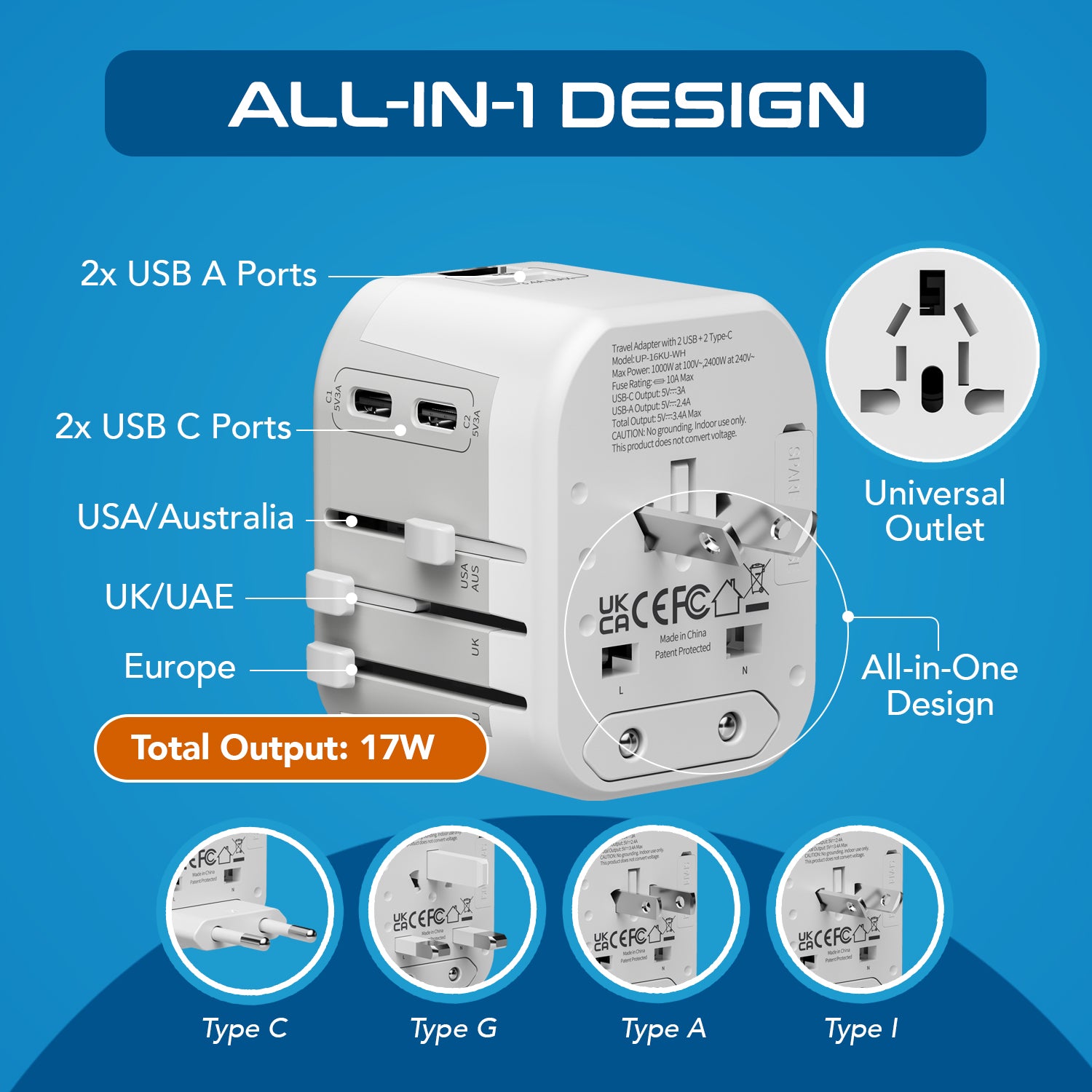 5 in 1 Universal Travel Adapter - 2 USB-A + USB-C - Max. 17W (3.4A) - White (UP-16KU-WH)
