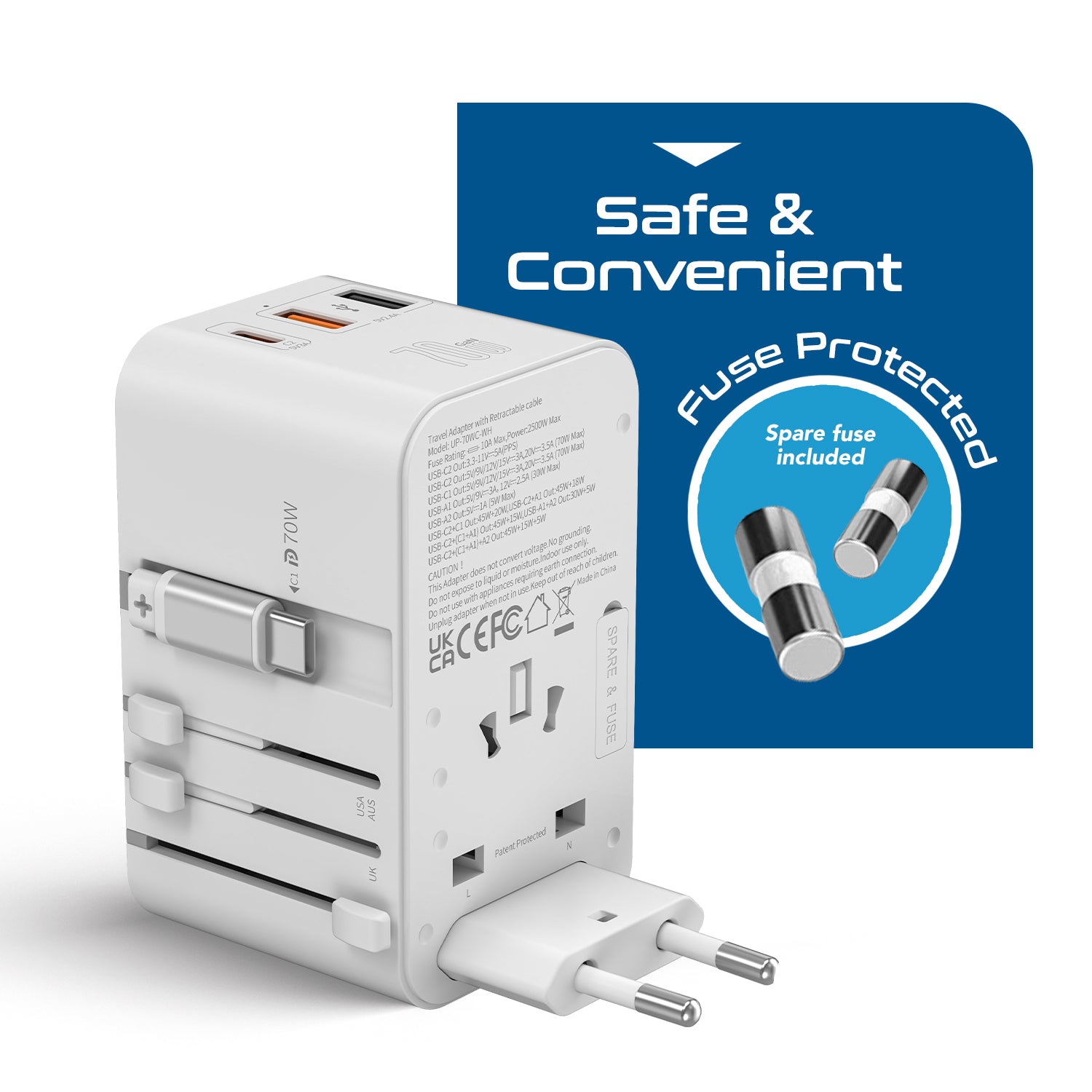 70W Universal Travel Adapter - 2 USB-C + 1 GaN 3.0 retractable cable, USB-C & 1 USB-C - (UP-70WC-WH)