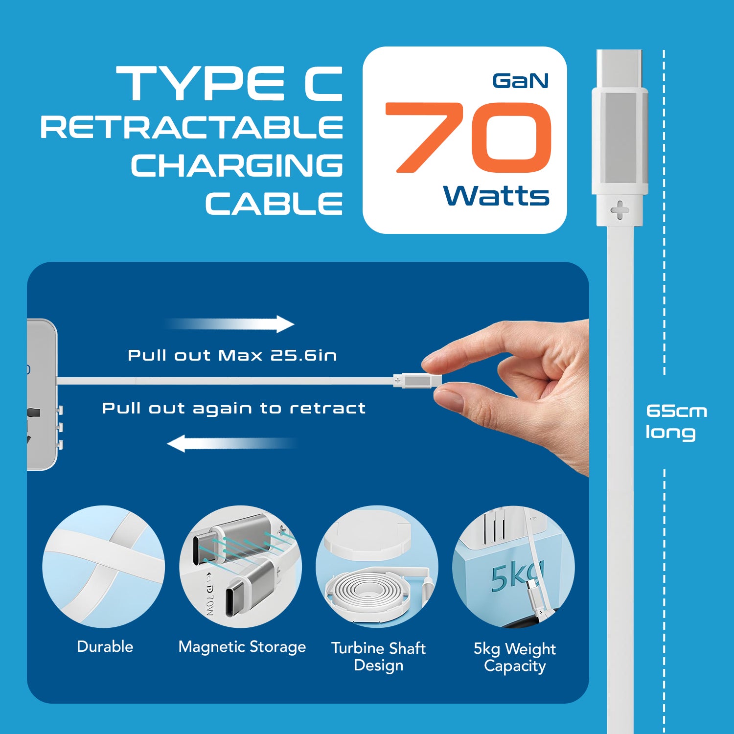 70W Universal Travel Adapter - 2 USB-C + 1 GaN 3.0 retractable cable, USB-C & 1 USB-C - (UP-70WC-WH)