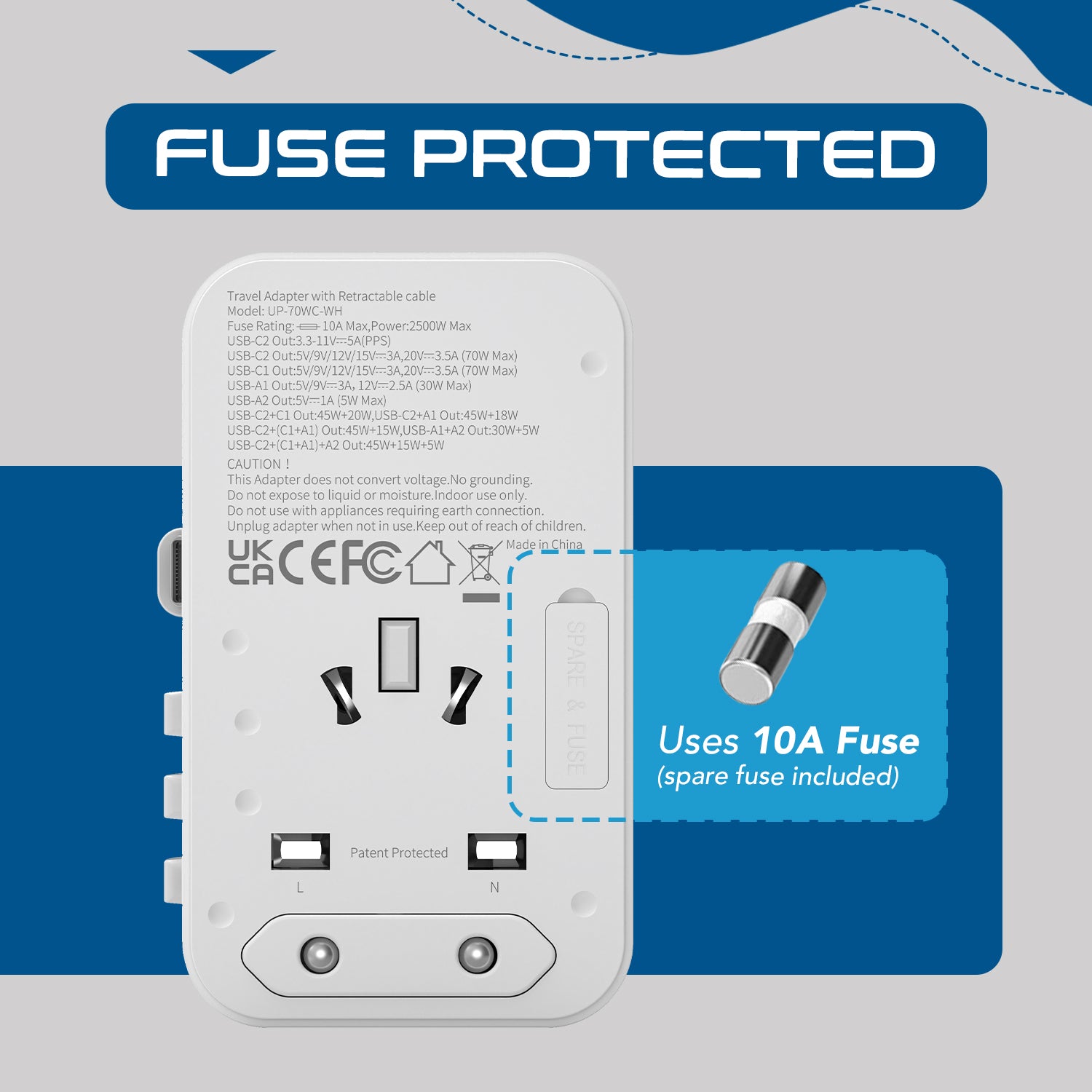 70W Universal Travel Adapter - 2 USB-C + 1 GaN 3.0 retractable cable, USB-C & 1 USB-C - (UP-70WC-WH)