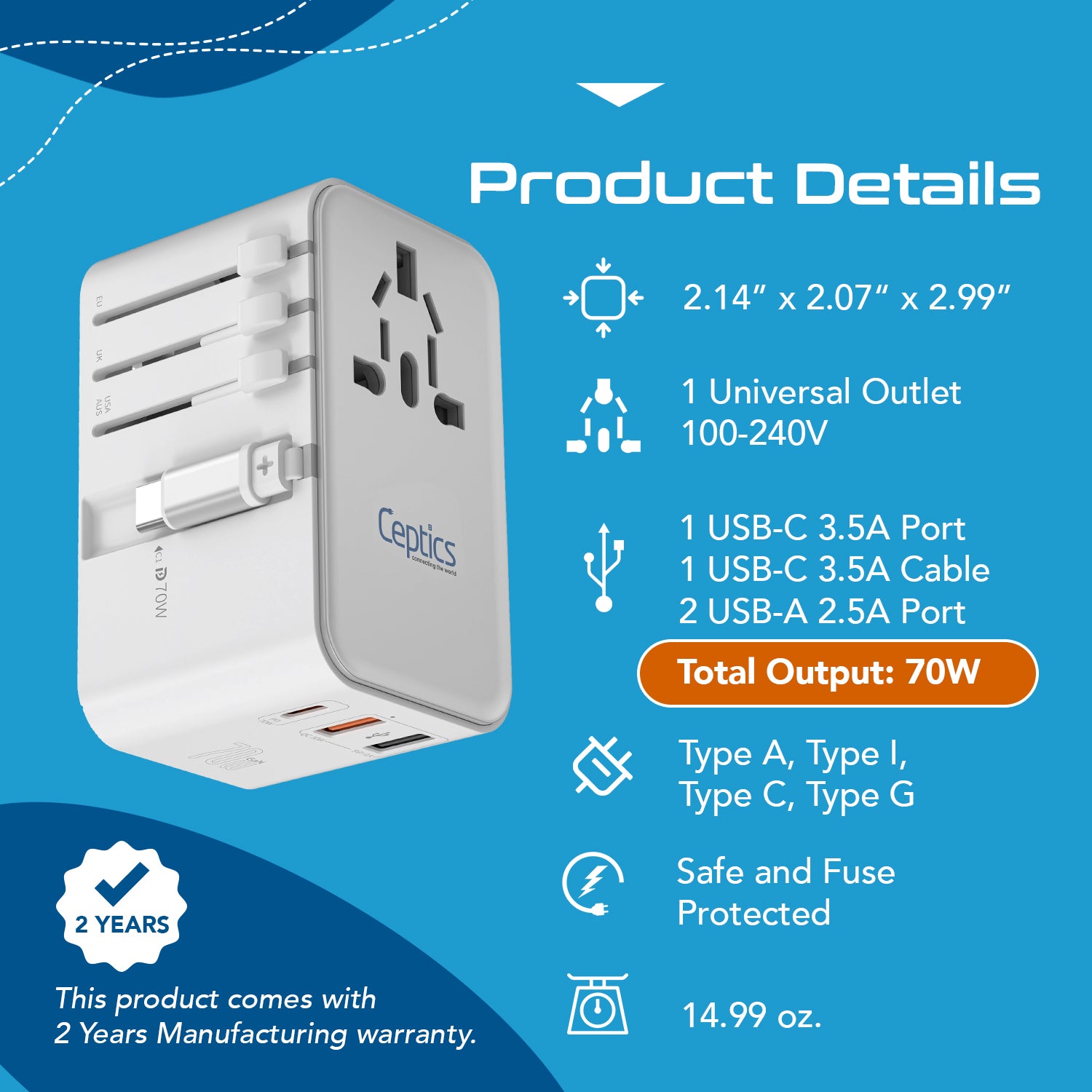 70W Universal Travel Adapter - 2 USB-C + 1 GaN 3.0 retractable cable, USB-C & 1 USB-C - (UP-70WC-WH)