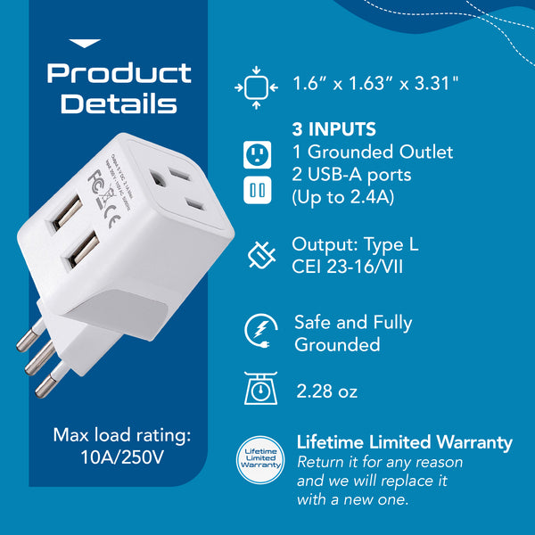 Italy Travel Adapter - Type L - Dual USB (CTU-12A)