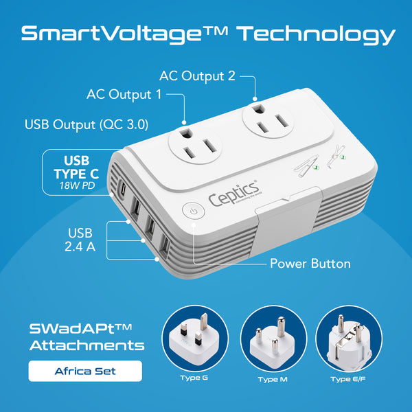 Africa Travel Voltage Converter 230W - 2 Outlets + 4 USB QC 3.0 - 220V to 110V (PU-200X-AF)