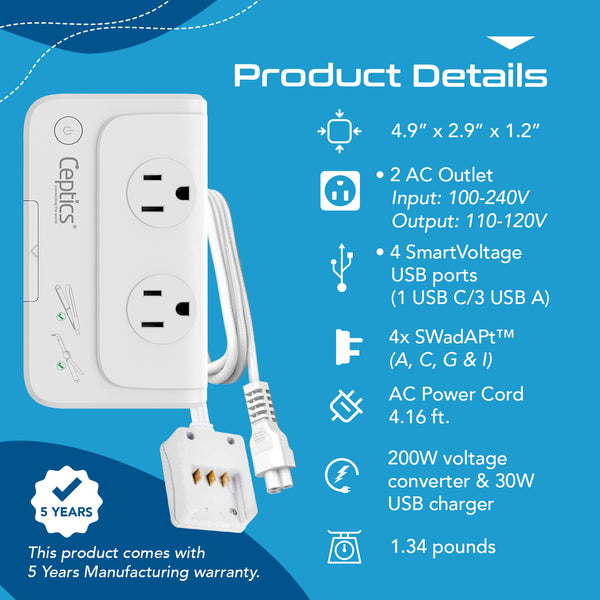 230W Travel Voltage Converter - 2 Outlets + 1 USB C + 3 USB A QC 3.0 - 220V to 110V (PU-200X)
