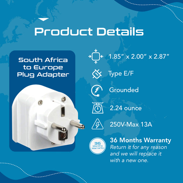 South Africa to Europe Schuko - Type E/F - Travel Plug Adapter - Grounded (SA-EU)