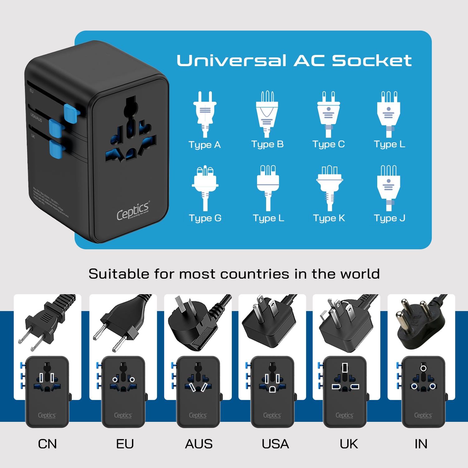 100W Universal Travel Adapter - 2 USB-C, 2 USB-A + 1 GaN 3.0 retractable cable - (UP-100KU-WC)