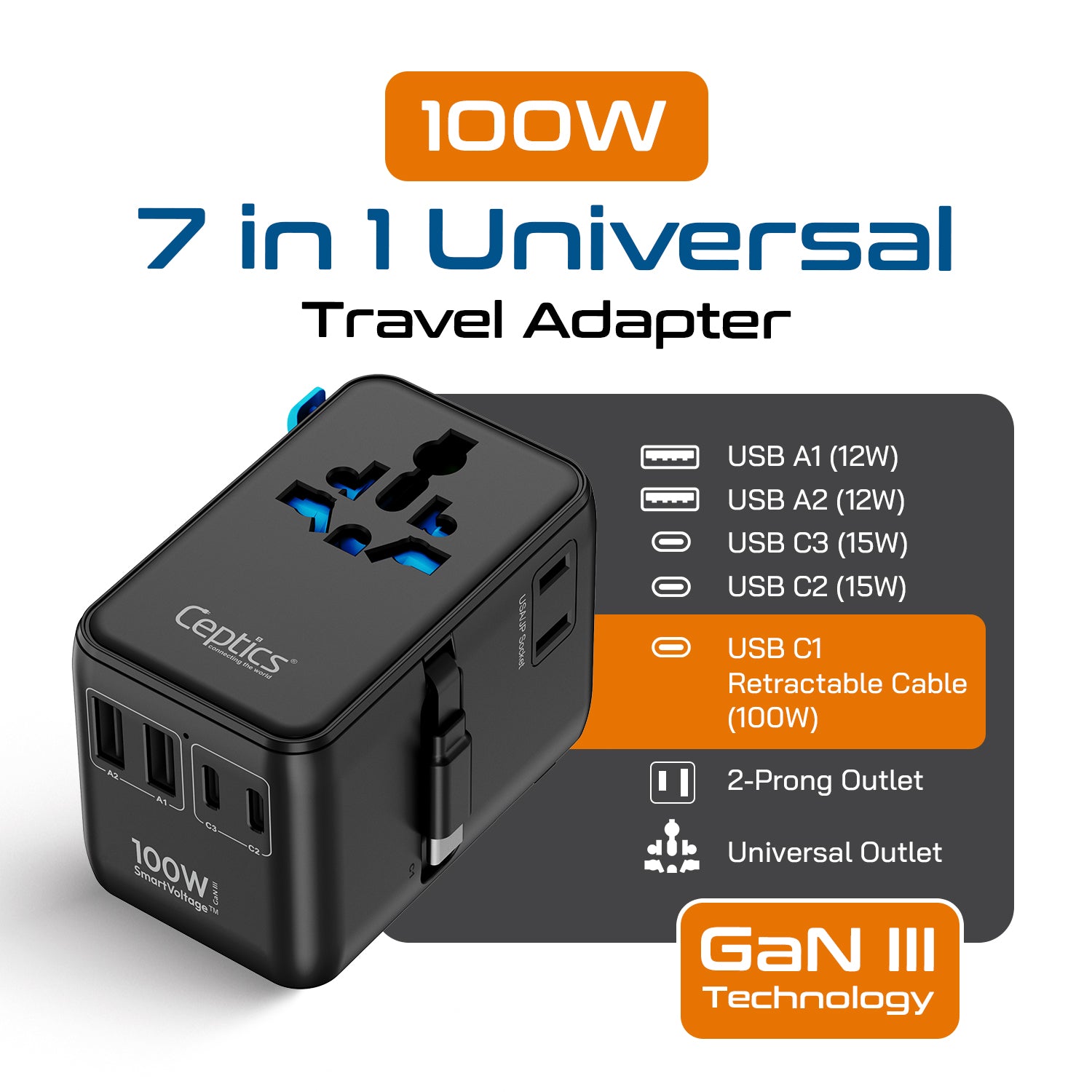 100W Universal Travel Adapter - 2 USB-C, 2 USB-A + 1 GaN 3.0 retractable cable - (UP-100KU-WC)