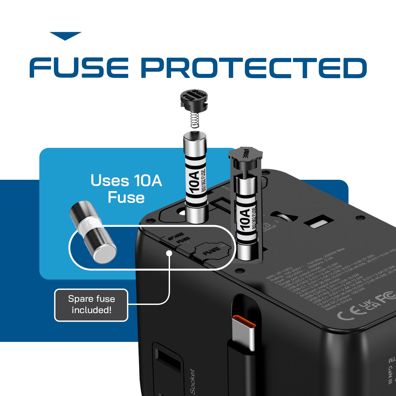 100W Universal Travel Adapter - 2 USB-C, 2 USB-A + 1 GaN 3.0 retractable cable - (UP-100KU-WC)