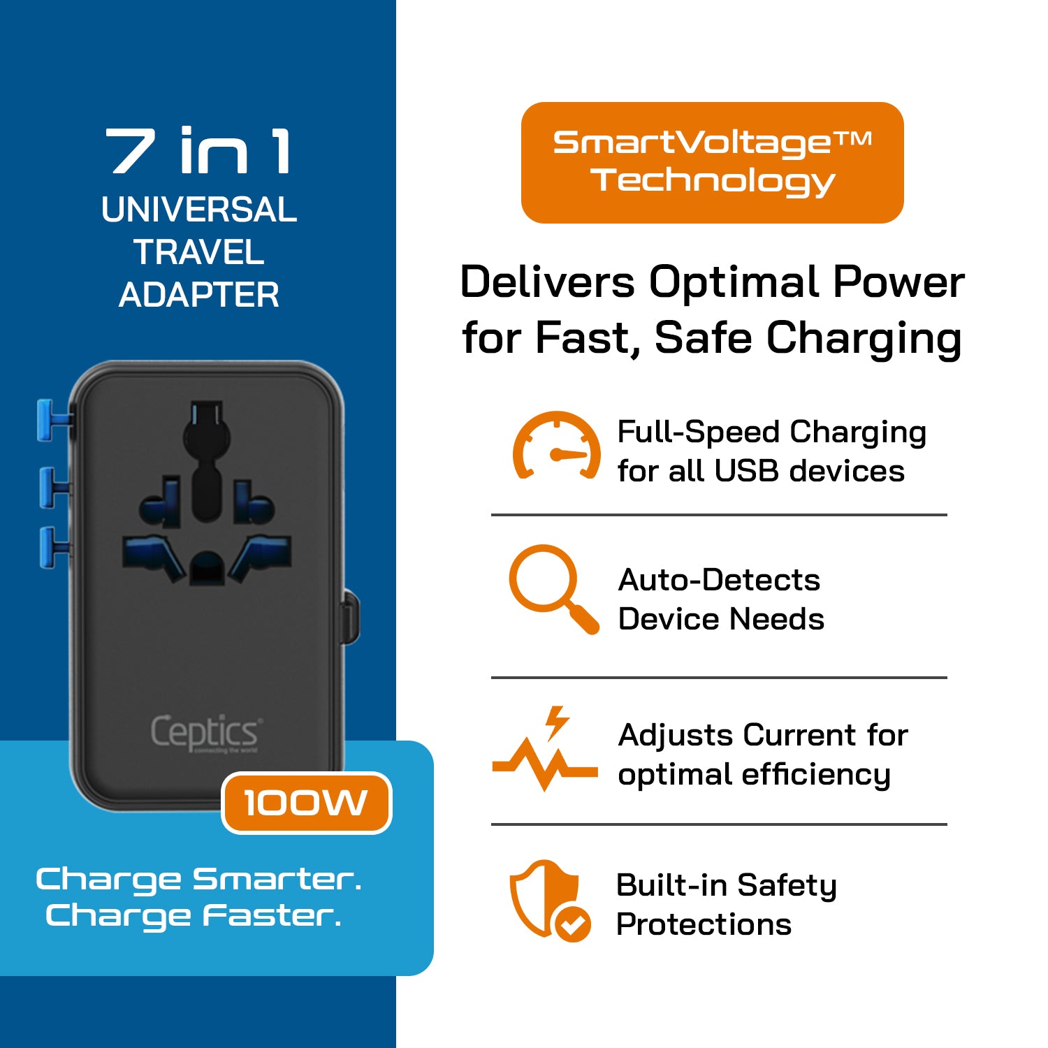 100W Universal Travel Adapter - 2 USB-C, 2 USB-A + 1 GaN 3.0 retractable cable - (UP-100KU-WC)
