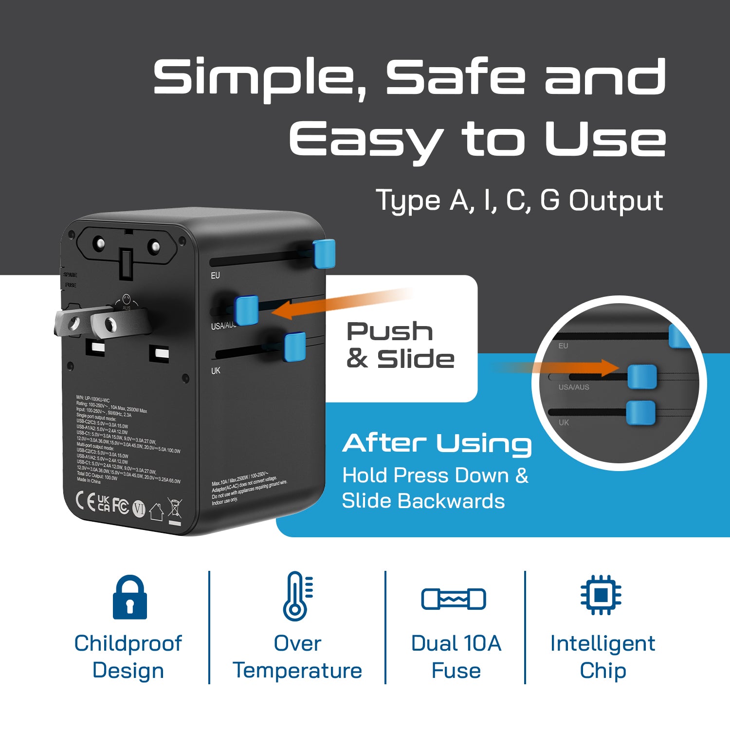 100W Universal Travel Adapter - 2 USB-C, 2 USB-A + 1 GaN 3.0 retractable cable - (UP-100KU-WC)