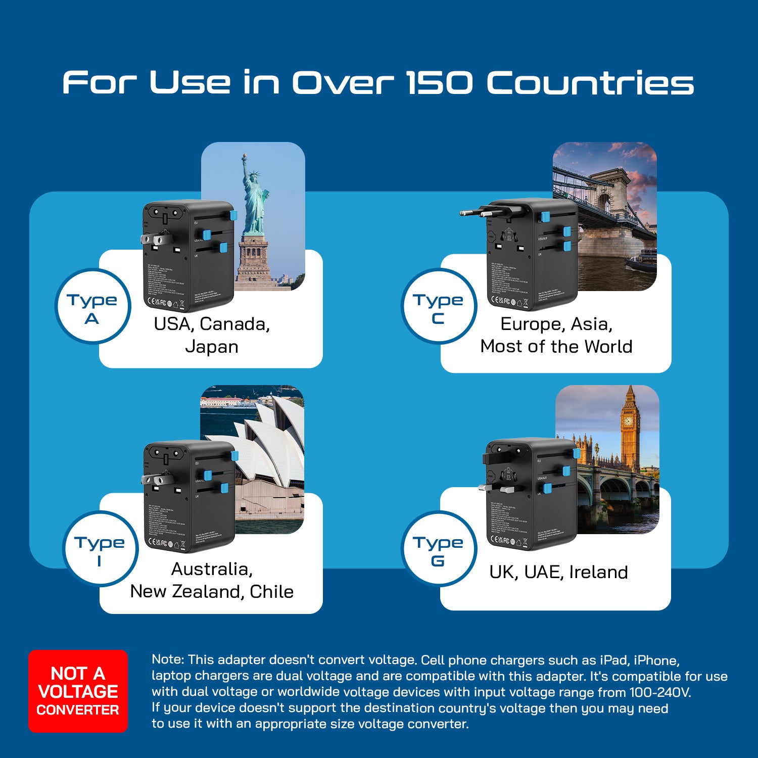 100W Universal Travel Adapter - 2 USB-C, 2 USB-A + 1 GaN 3.0 retractable cable - (UP-100KU-WC)