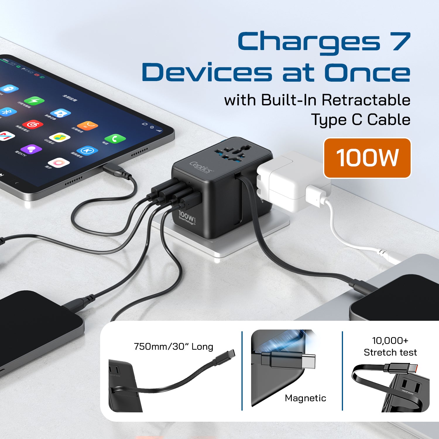 100W Universal Travel Adapter - 2 USB-C, 2 USB-A + 1 GaN 3.0 retractable cable - (UP-100KU-WC)