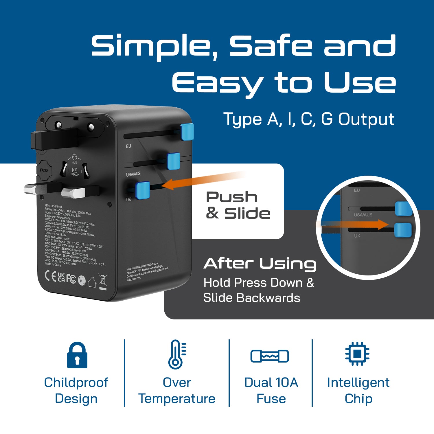 140W Universal Travel Adapter - 3 USB-C, 1 USB-A, Universal and USA/JP socket - (UP-140KU)